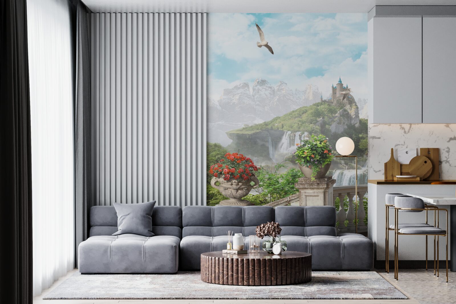 Papier peint balcon fleuri avec vue sur la cascade et le château