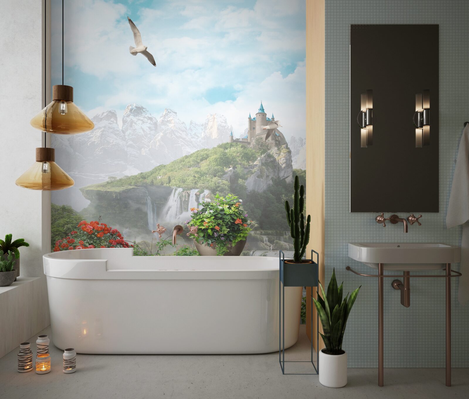 Papier peint balcon fleuri avec vue sur la cascade et le château