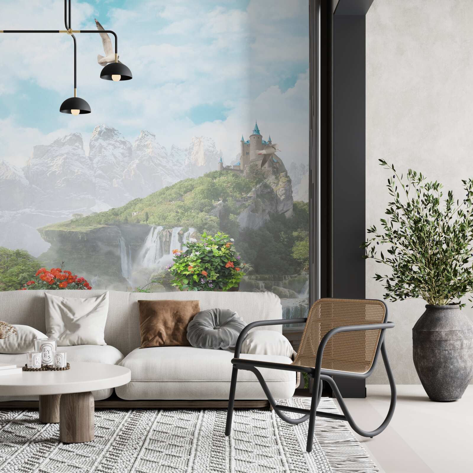 Papier peint balcon fleuri avec vue sur la cascade et le château