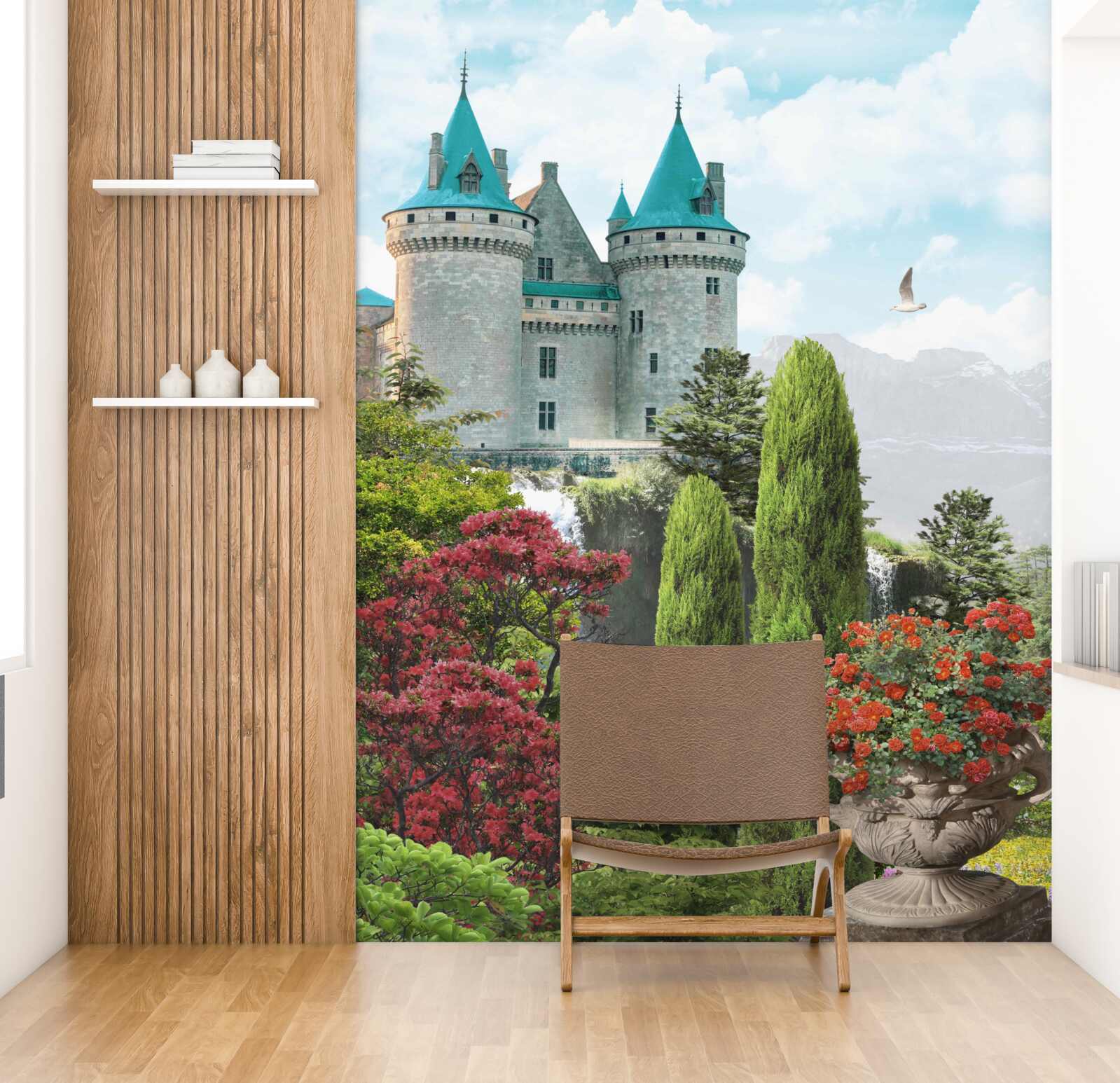 Papier peint château de conte de fées entouré de verdure