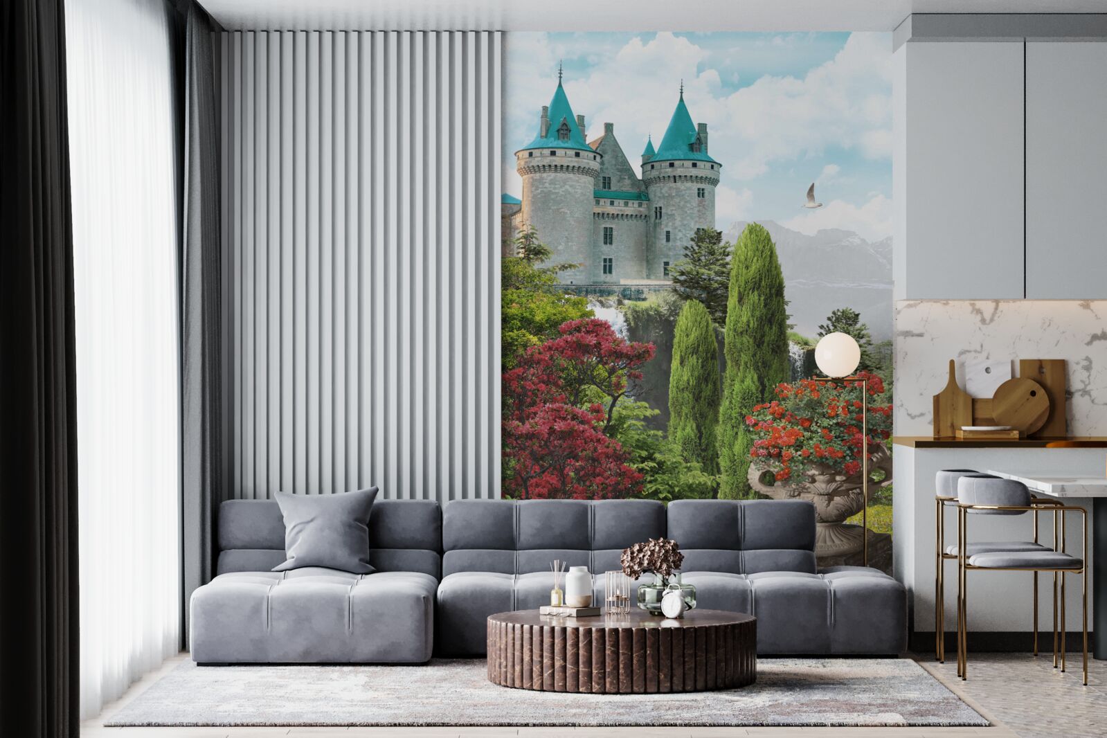 Papier peint château de conte de fées entouré de verdure