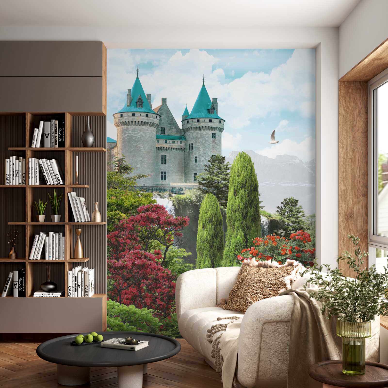 Papier peint château de conte de fées entouré de verdure