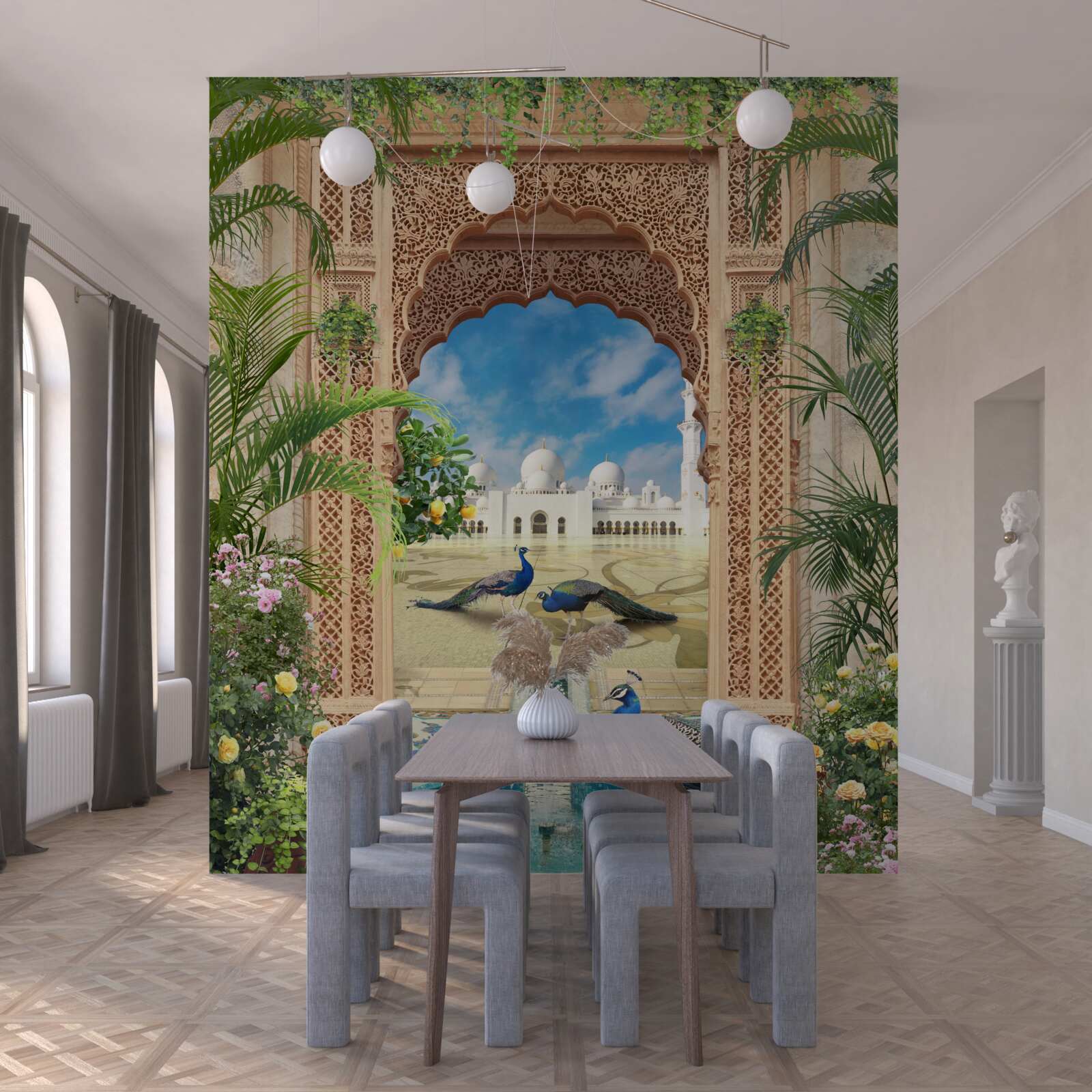 Papier peint paons près d'un étang avec une fontaine