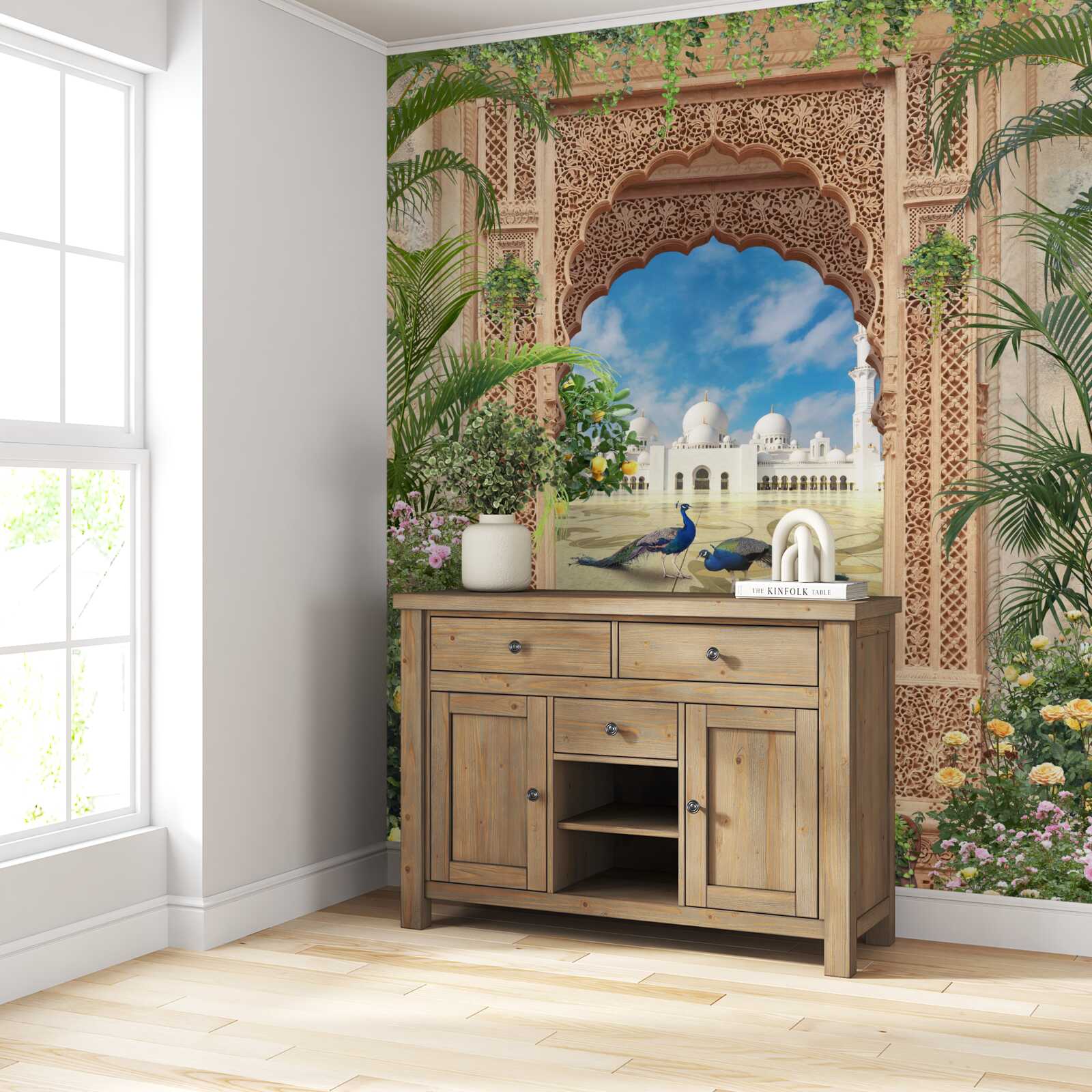 Papier peint paons près d'un étang avec une fontaine