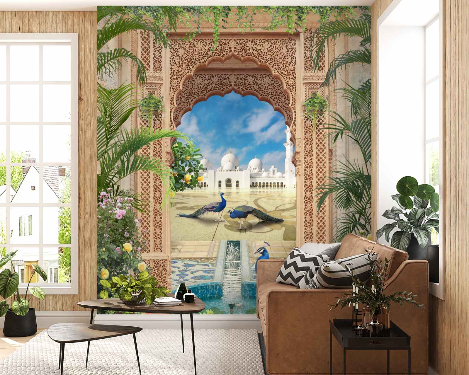 Papier peint paons près d'un étang avec une fontaine