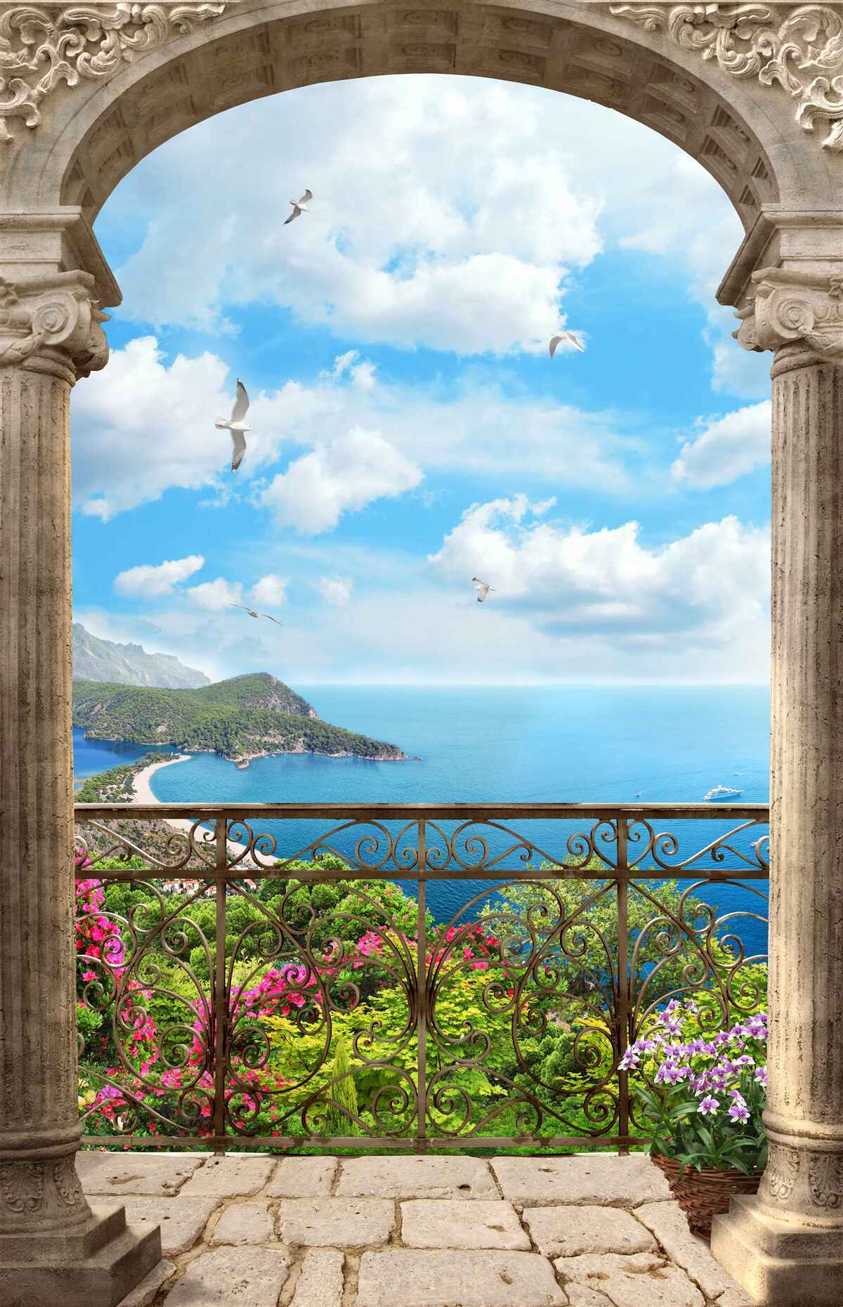 Papier peint balcon en arc de cercle avec vue sur l'océan