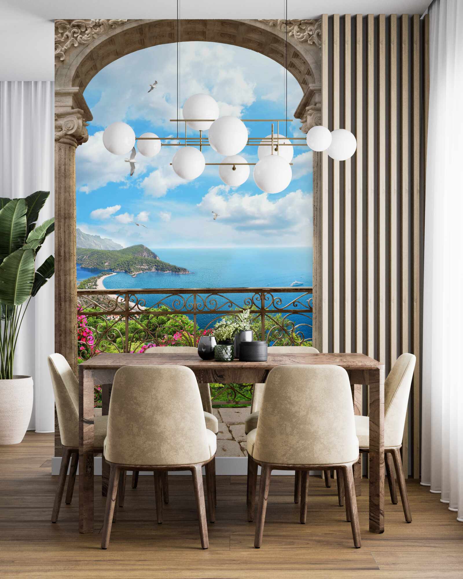 Papier peint balcon en arc de cercle avec vue sur l'océan