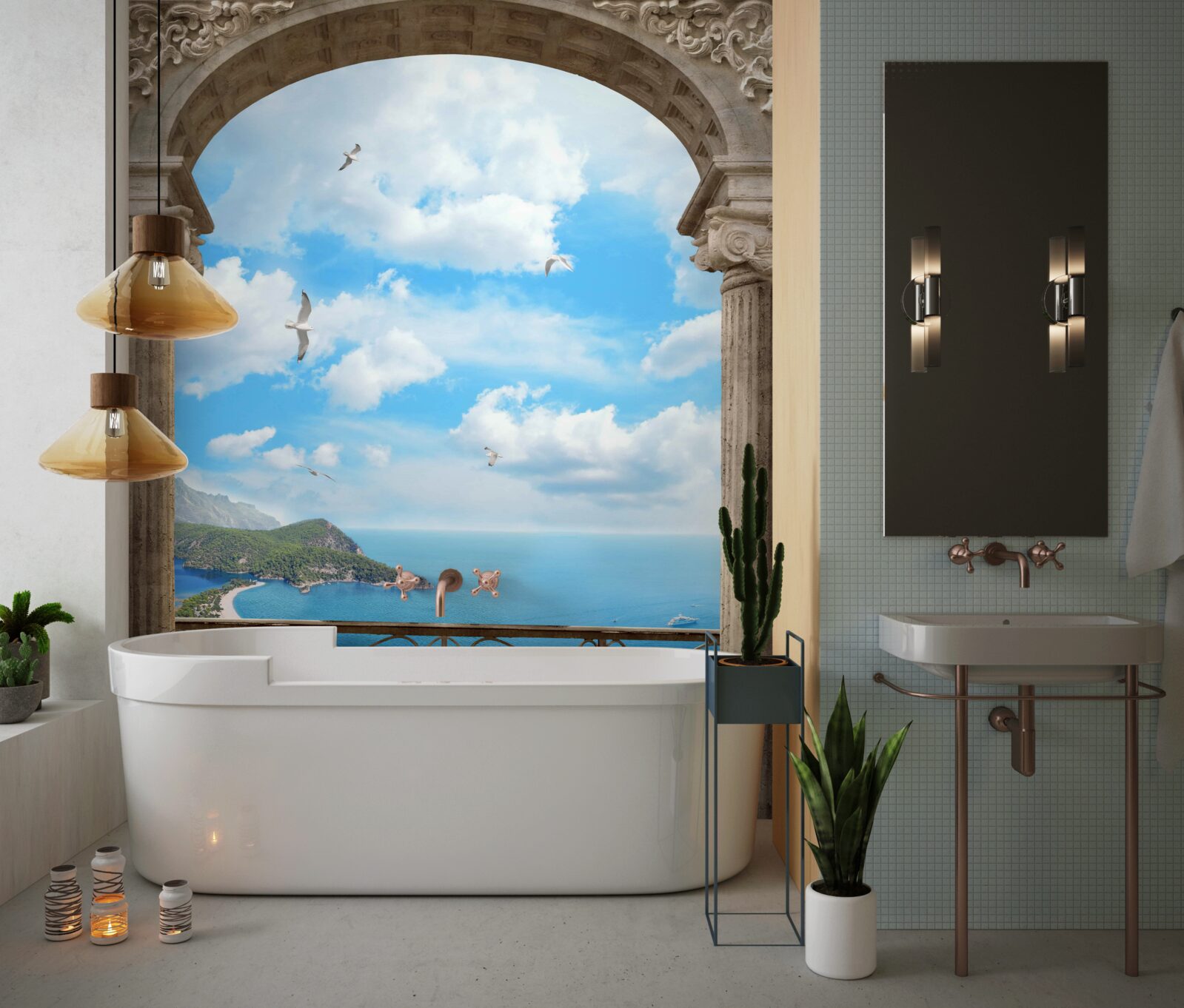 Papier peint balcon en arc de cercle avec vue sur l'océan