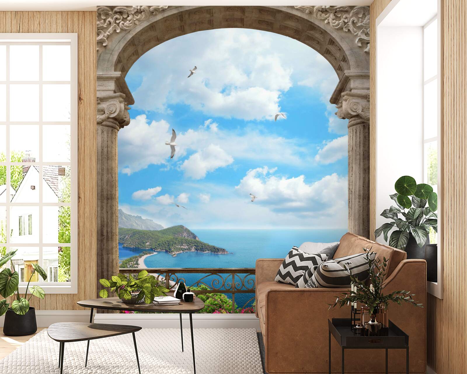 Papier peint balcon en arc de cercle avec vue sur l'océan