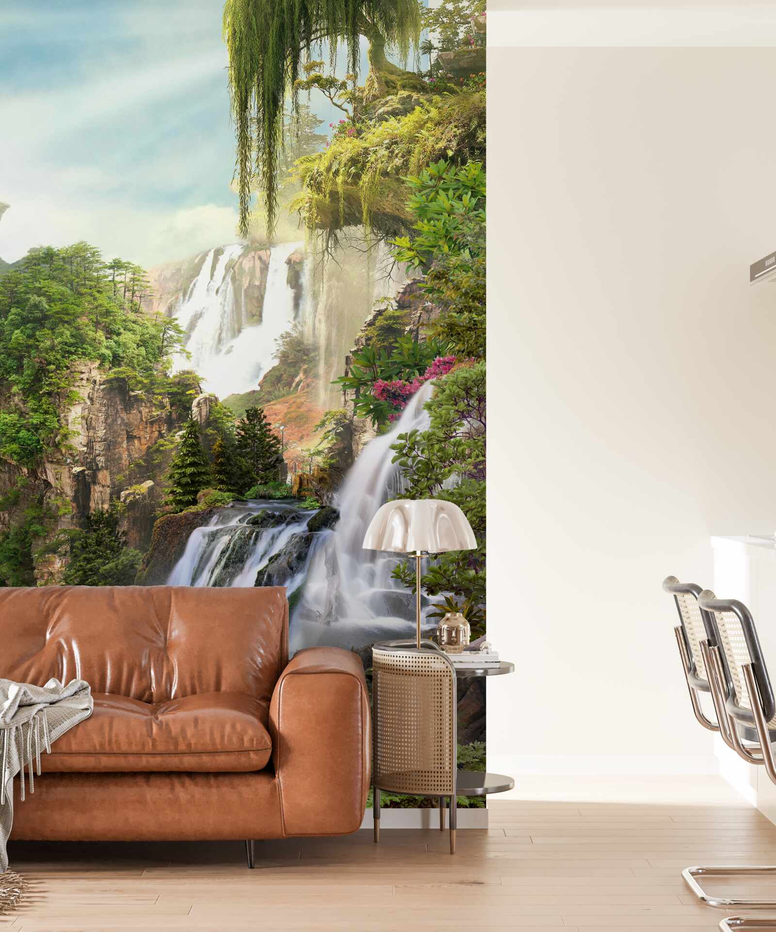 Papier peint la verdure entoure les chutes d'eau