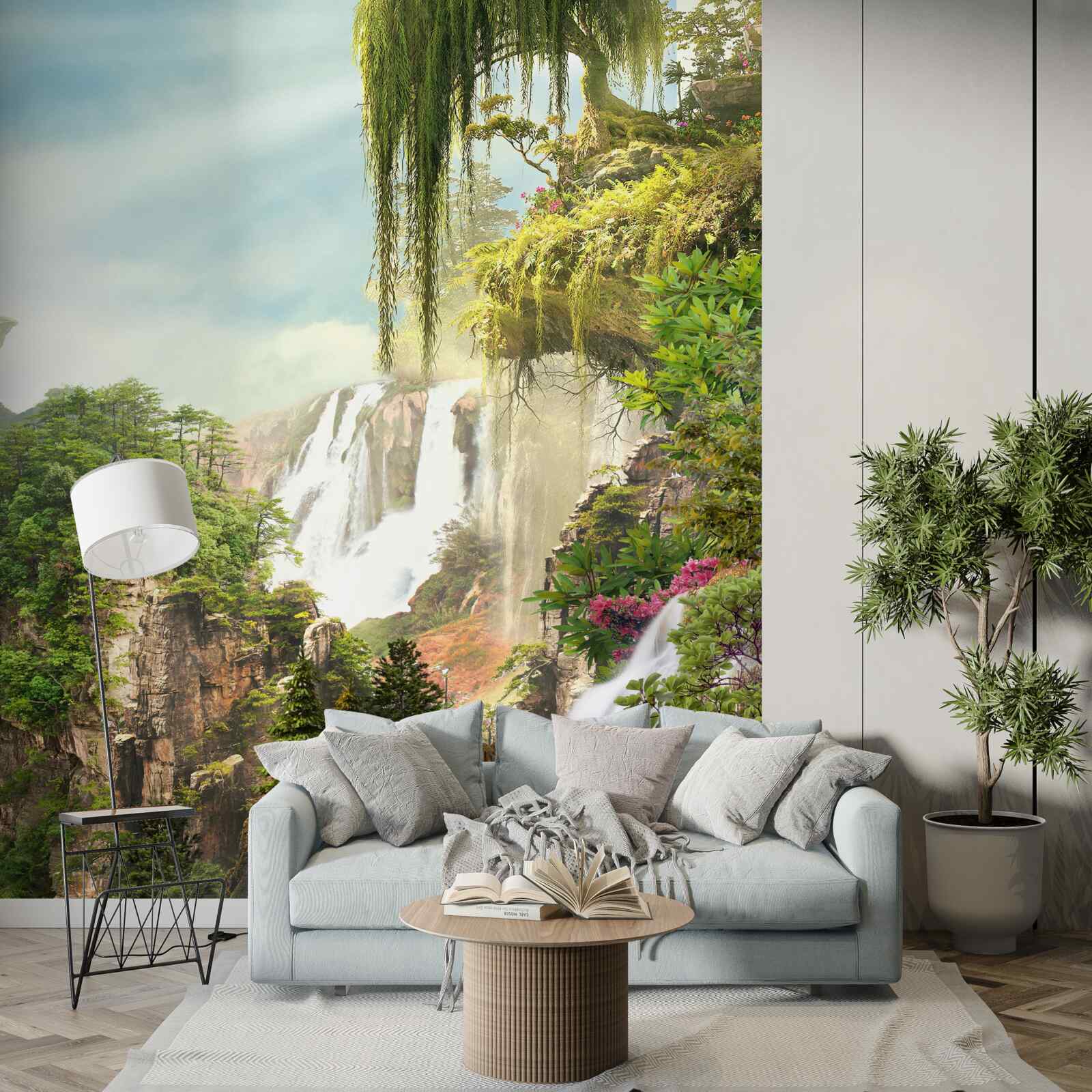 Papier peint la verdure entoure les chutes d'eau