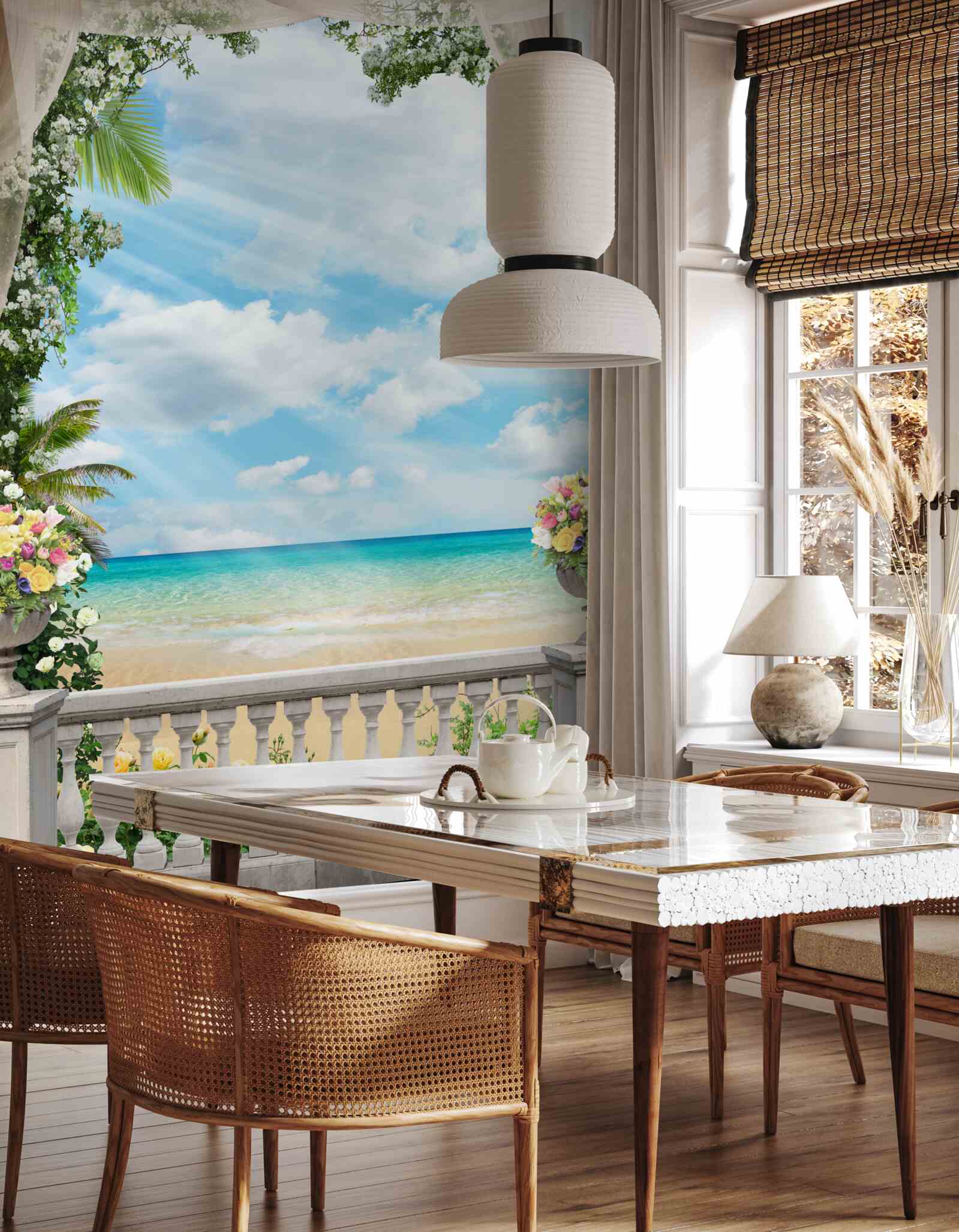 Papier peint les fenêtres du balcon donnent sur la plage de sable et la mer