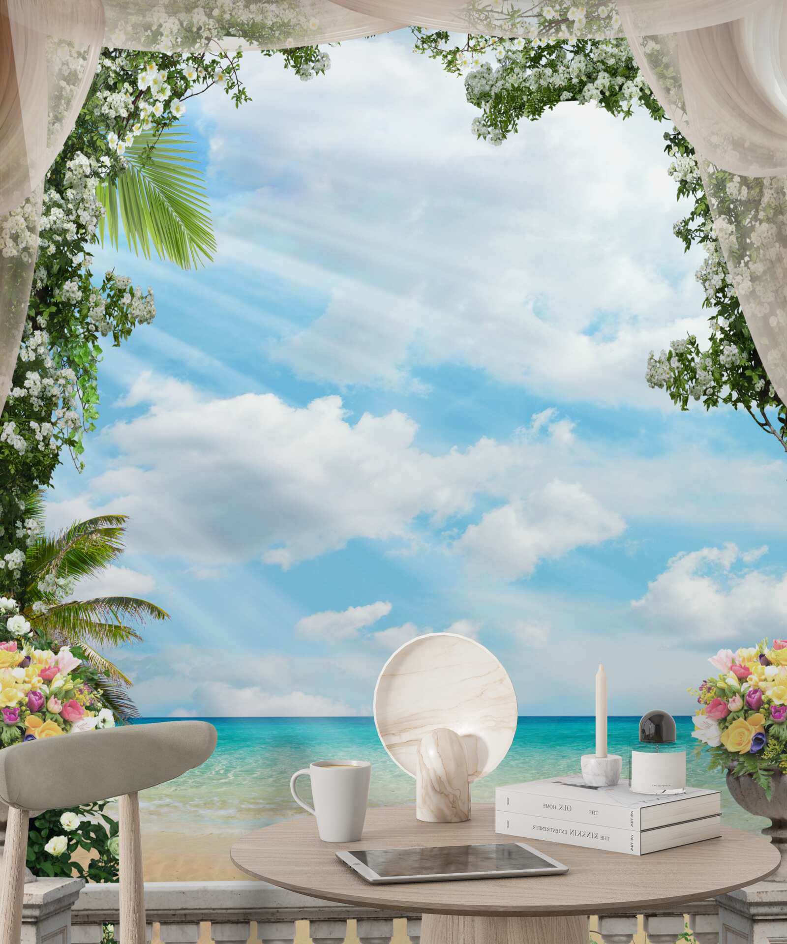 Papier peint les fenêtres du balcon donnent sur la plage de sable et la mer