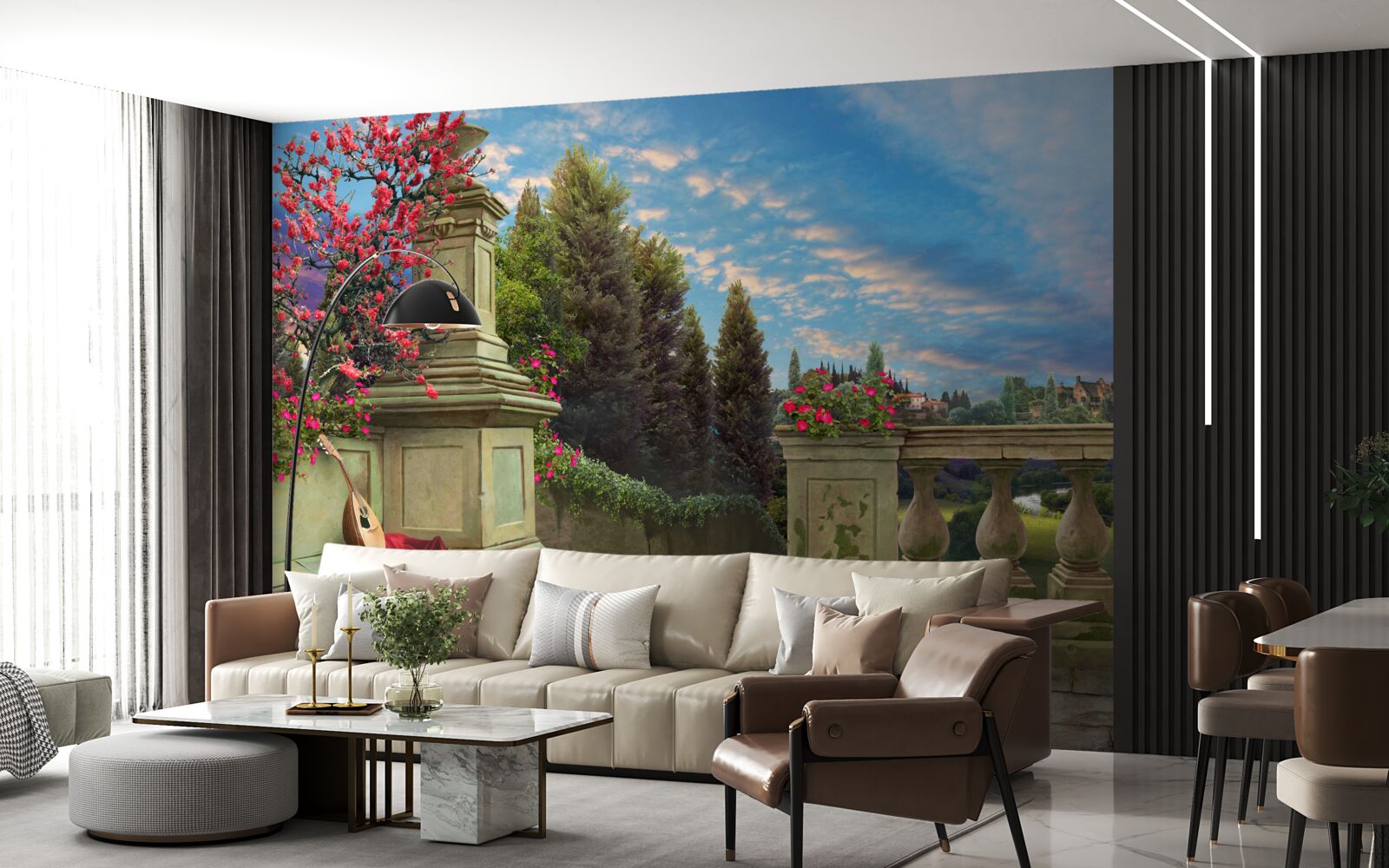 Papier peint instrument de musique abandonné et tissu écarlate