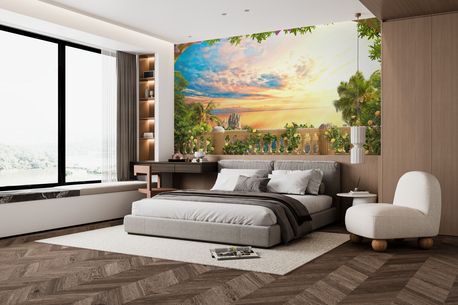 Papier peint terrasse surplombant la mer, inondée par la lumière du soleil couchant