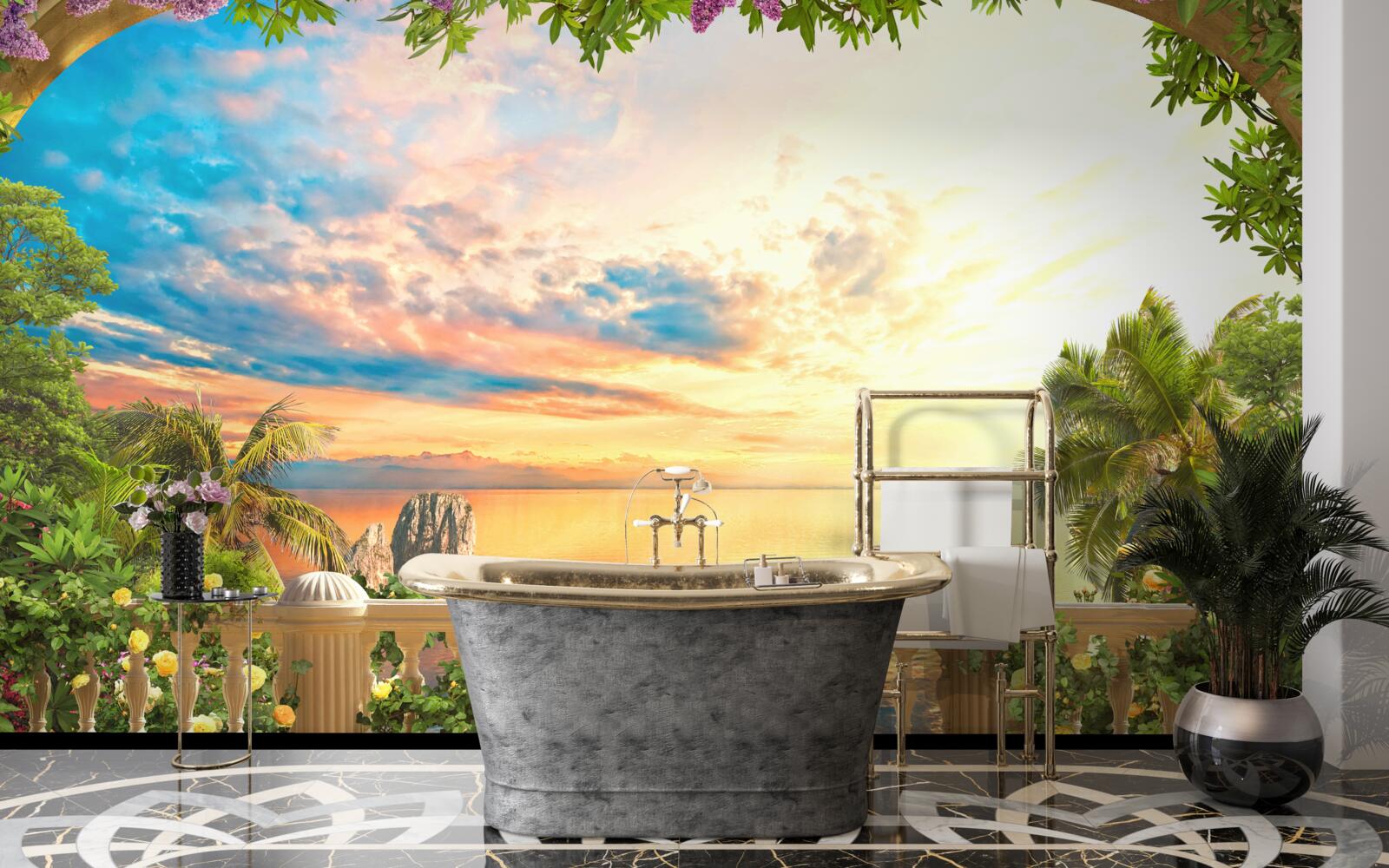 Papier peint terrasse surplombant la mer, inondée par la lumière du soleil couchant