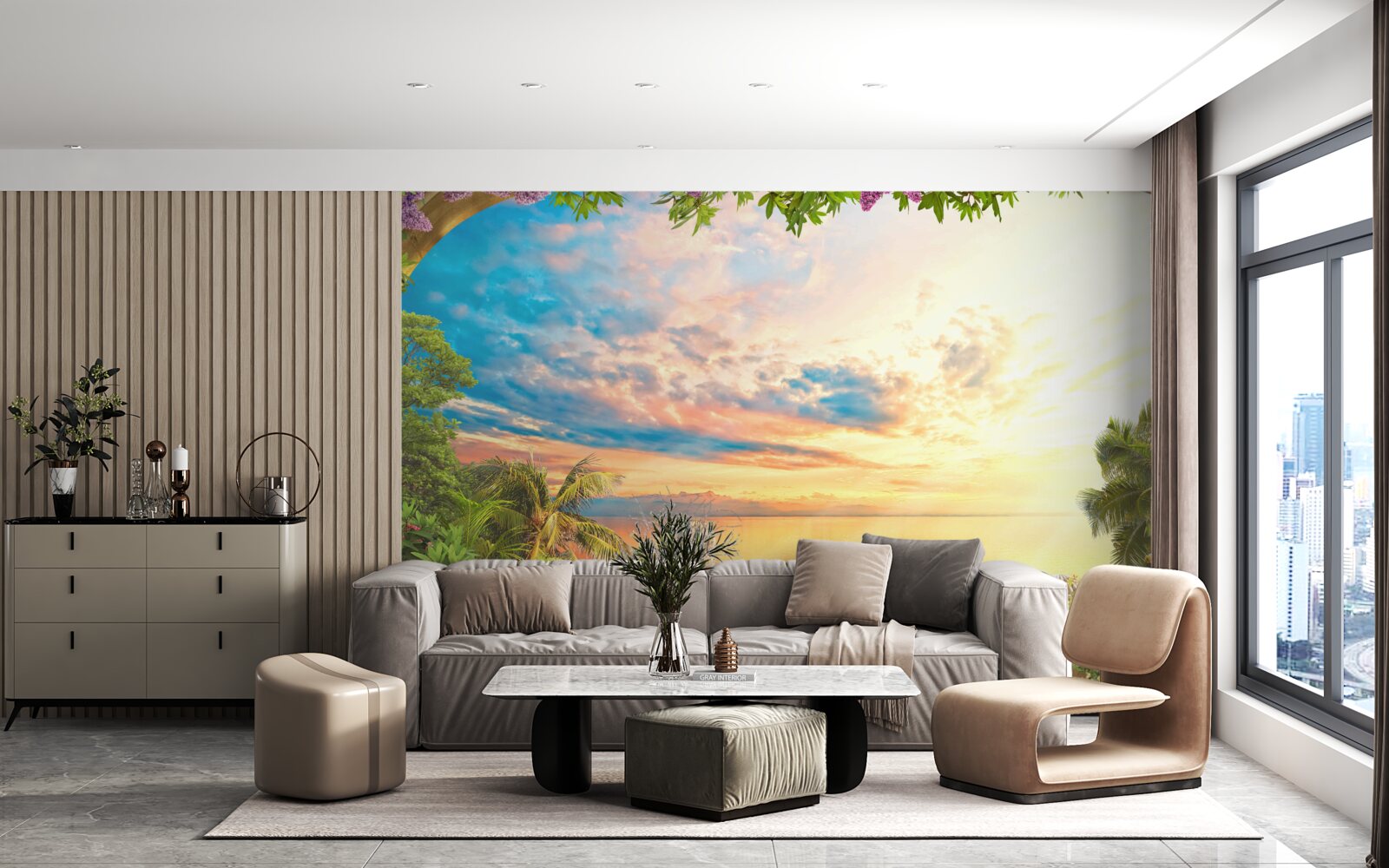 Papier peint terrasse surplombant la mer, inondée par la lumière du soleil couchant