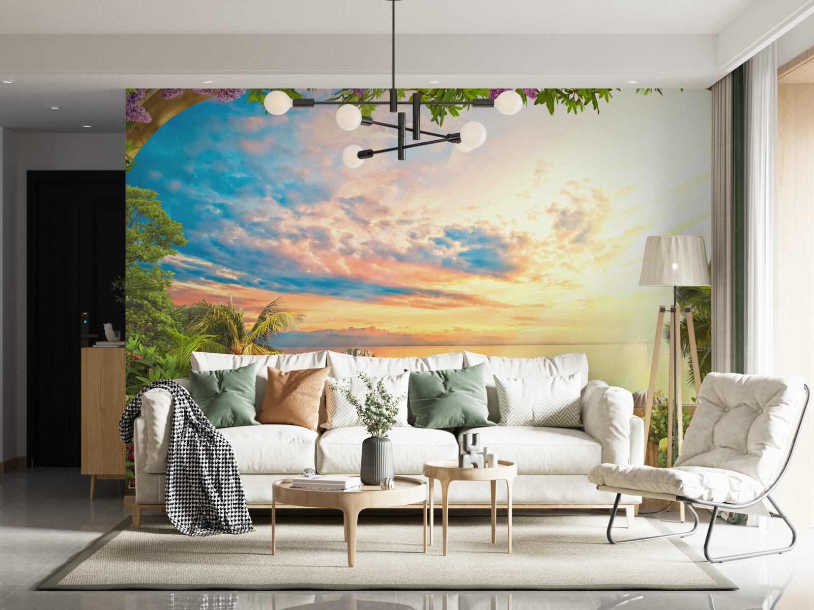 Papier peint terrasse surplombant la mer, inondée par la lumière du soleil couchant