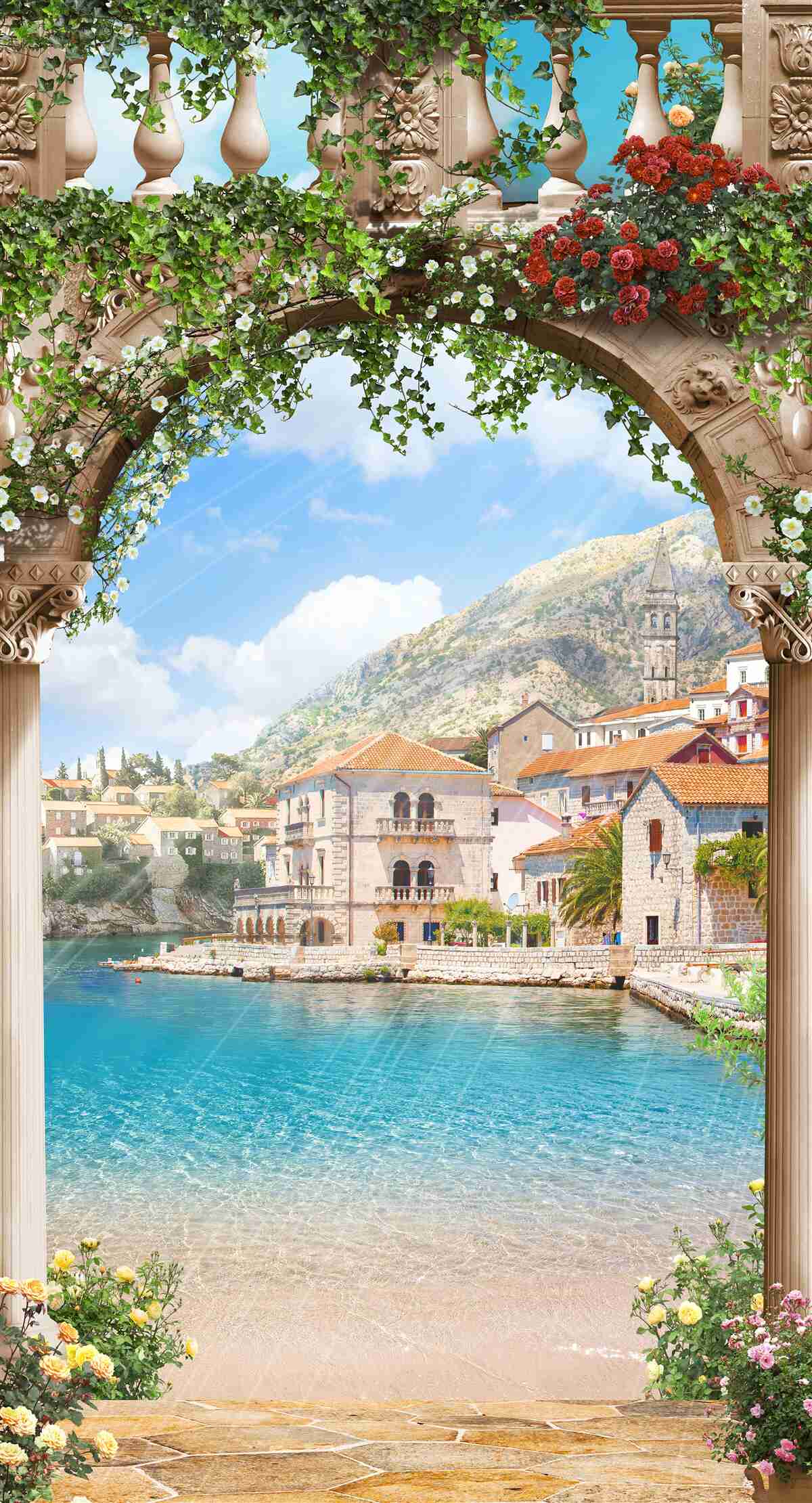 Papier peint vue sur la mer à travers une arche fleurie