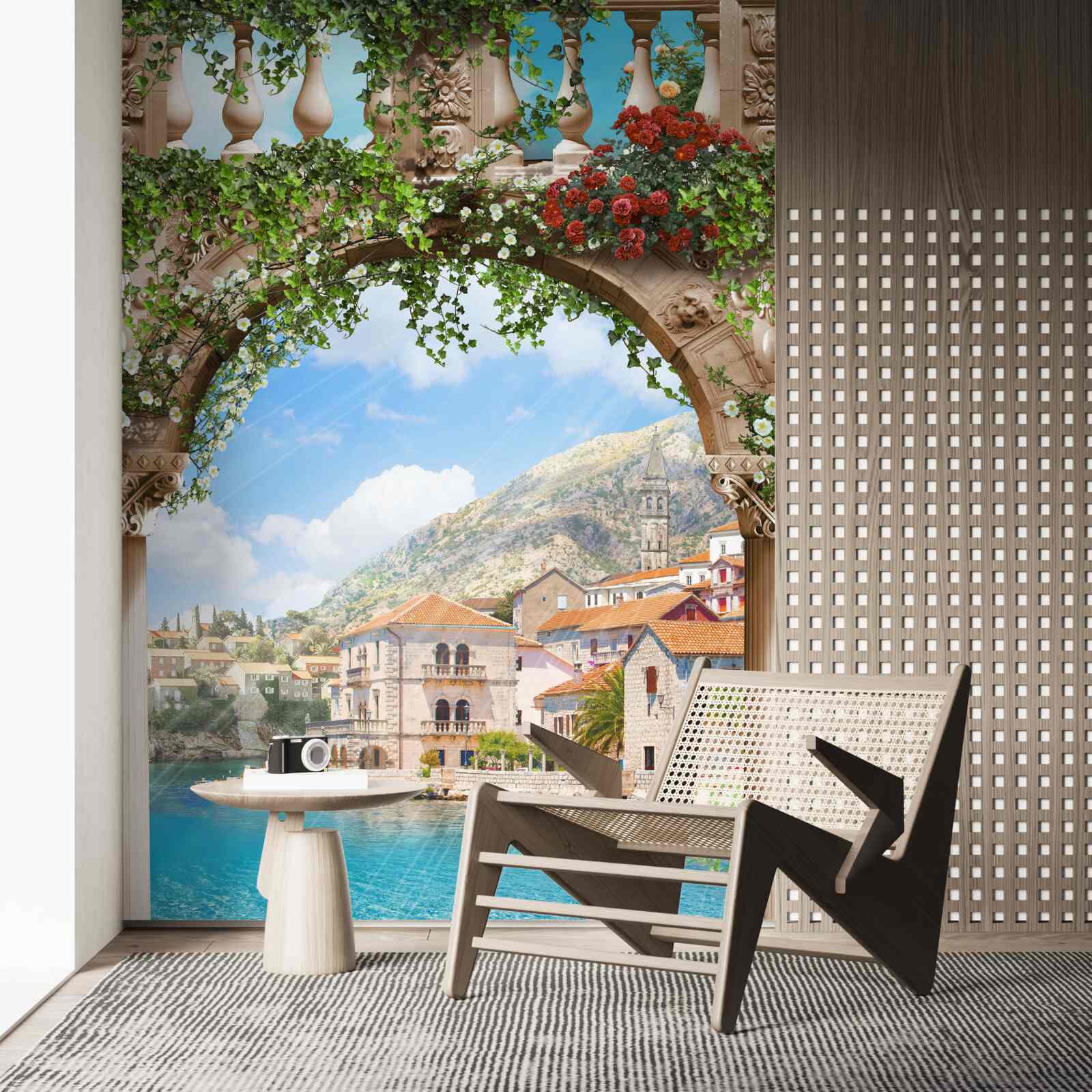 Papier peint vue sur la mer à travers une arche fleurie