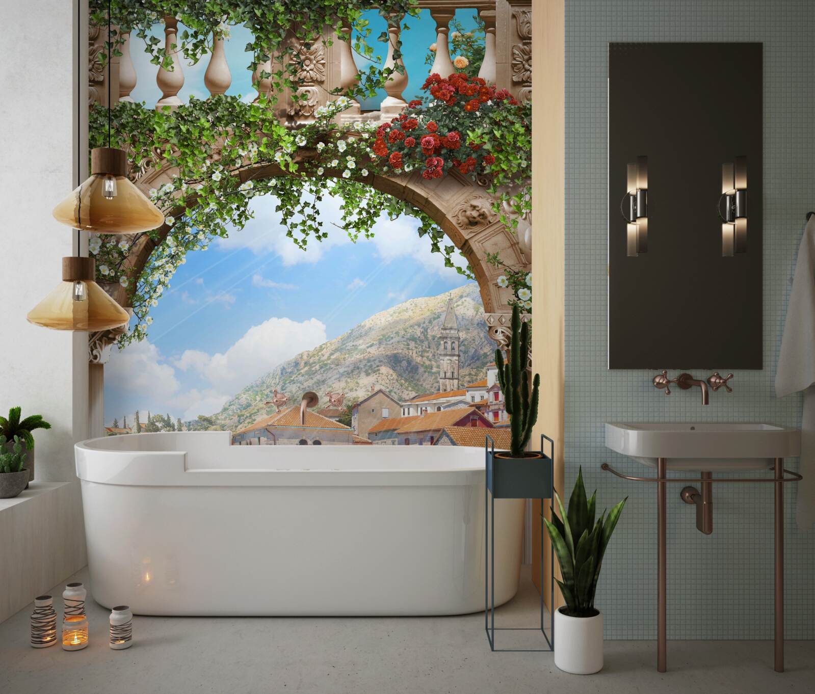 Papier peint vue sur la mer à travers une arche fleurie