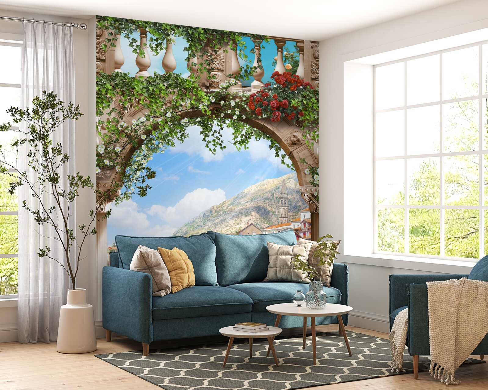 Papier peint vue sur la mer à travers une arche fleurie