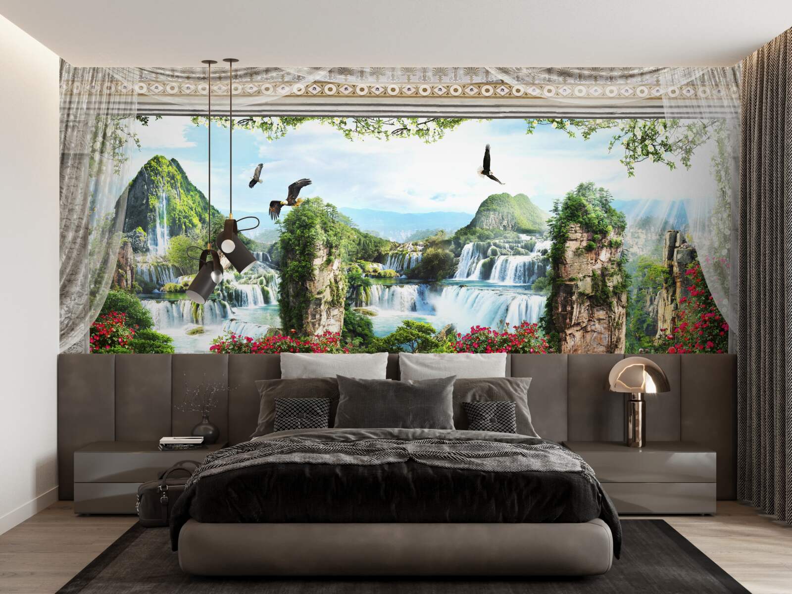 Papier peint paysage avec montagnes et chutes d'eau