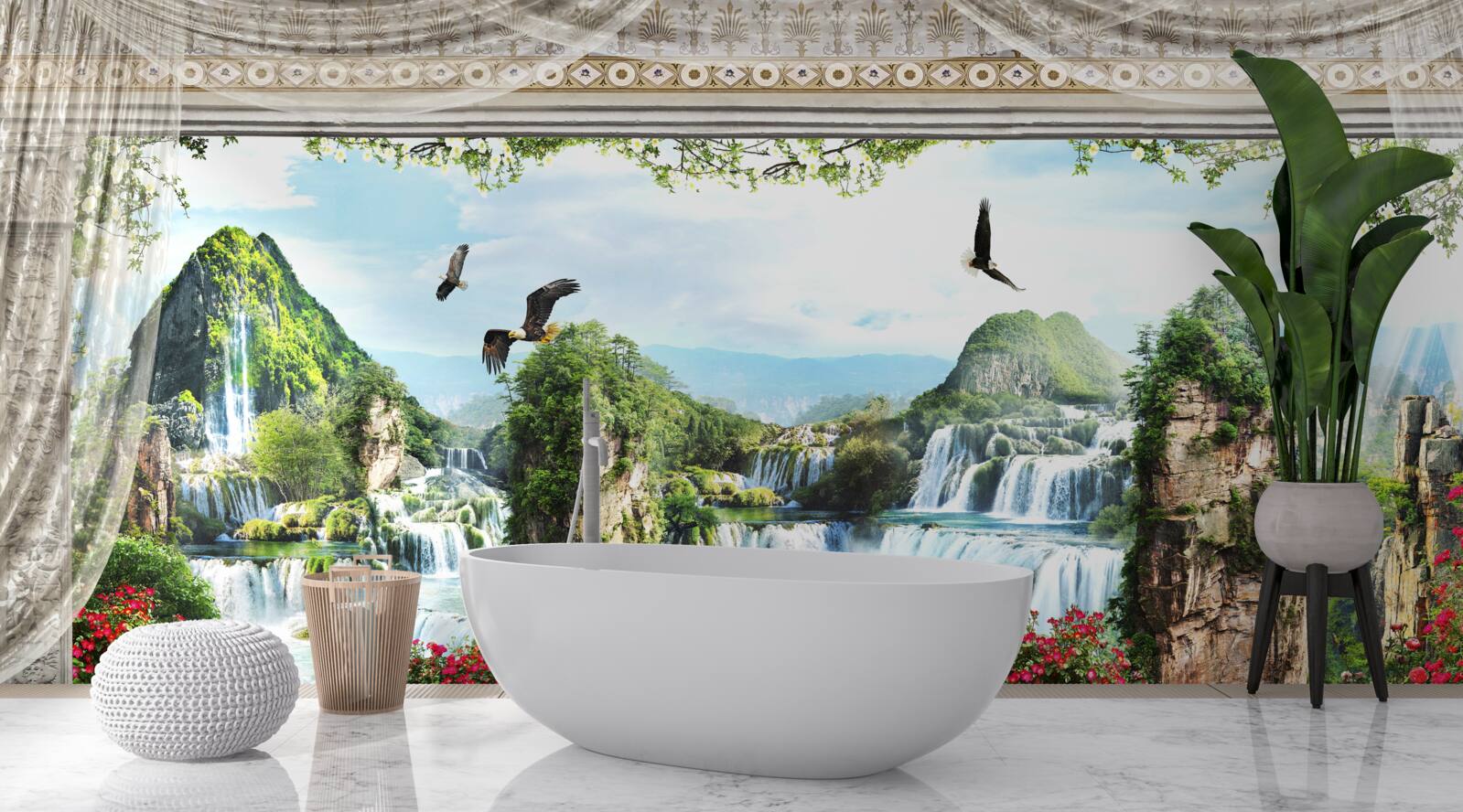 Papier peint paysage avec montagnes et chutes d'eau