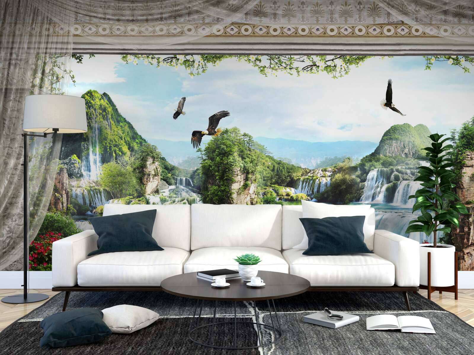 Papier peint paysage avec montagnes et chutes d'eau