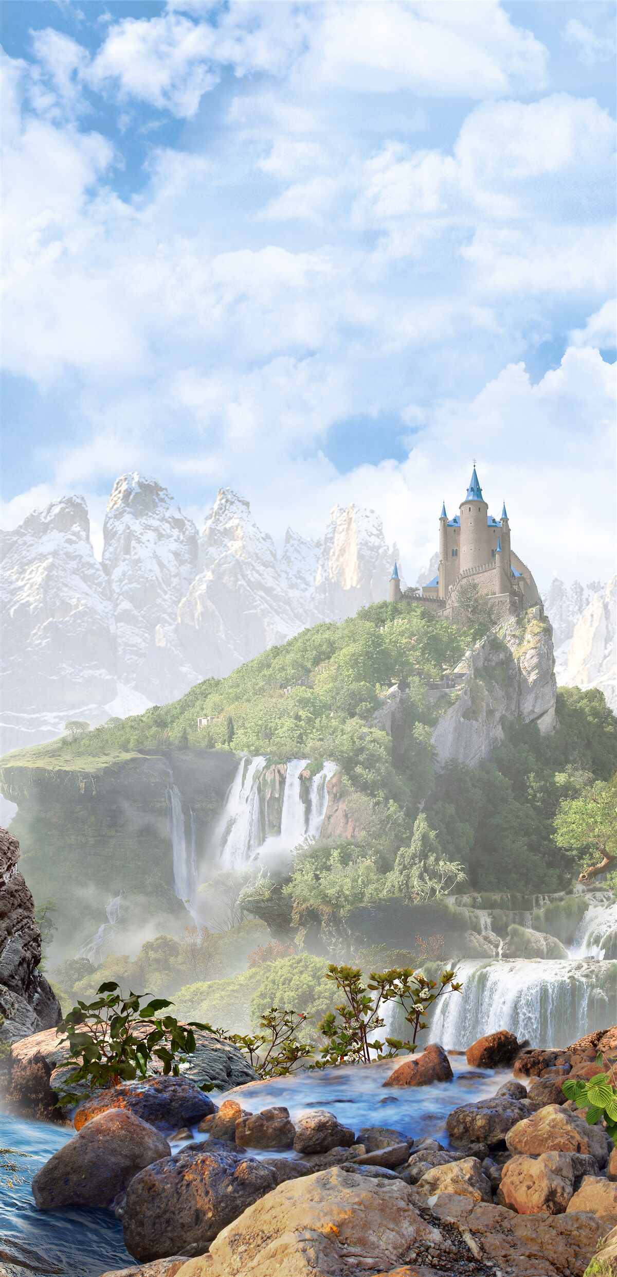 Papier peint cascades et château visibles au loin