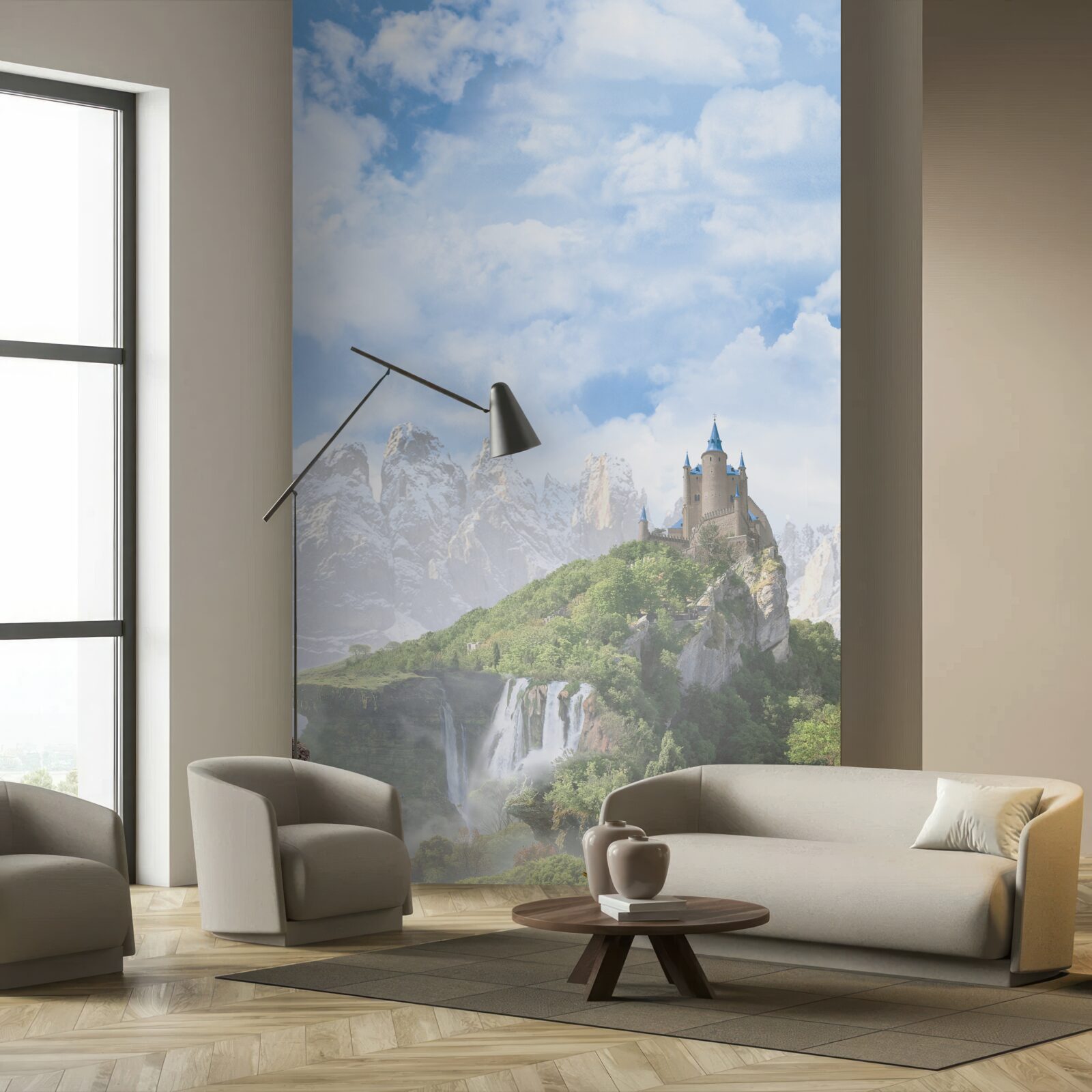 Papier peint cascades et château visibles au loin