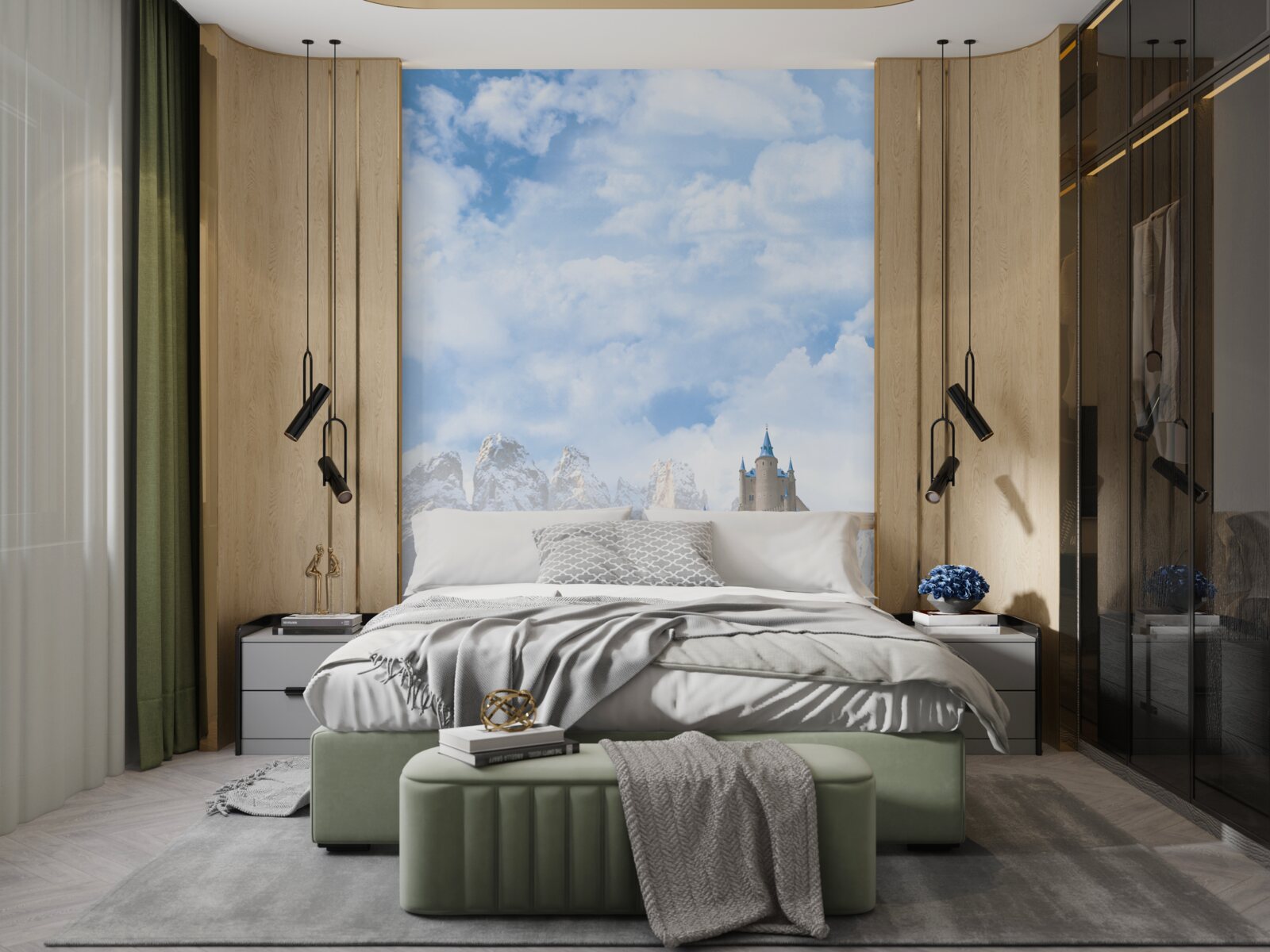 Papier peint cascades et château visibles au loin