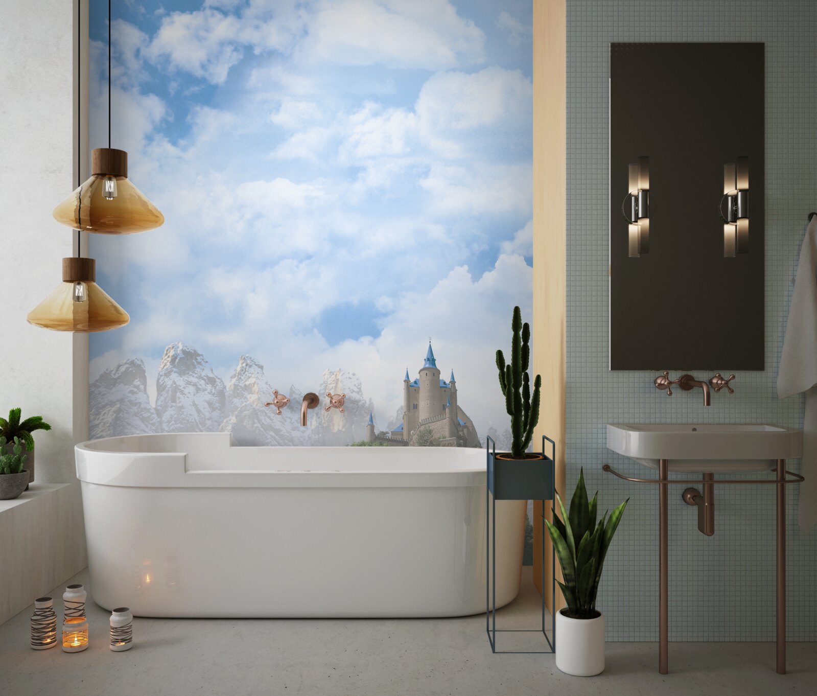 Papier peint cascades et château visibles au loin