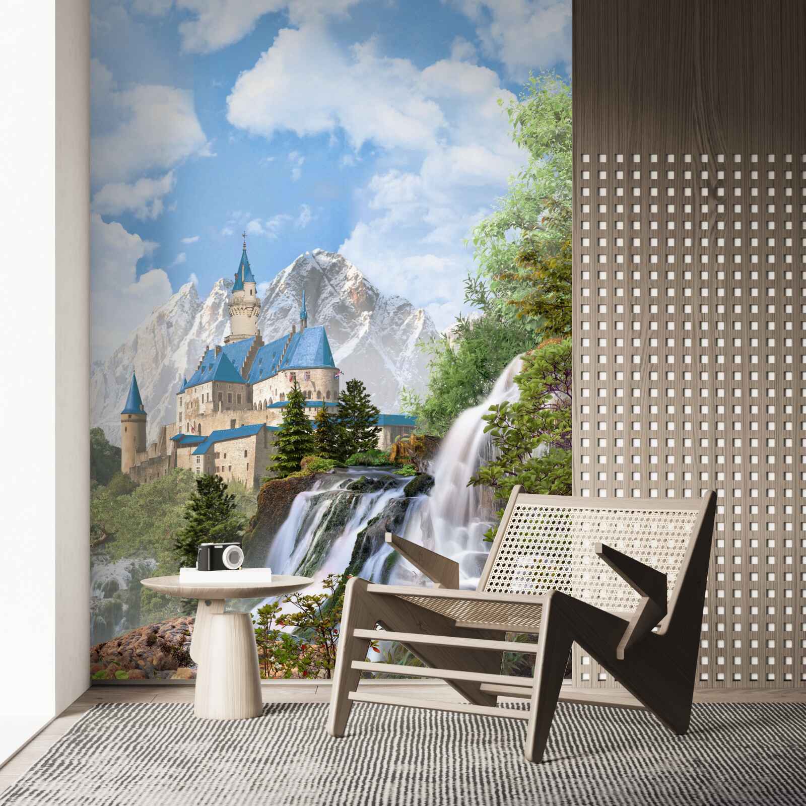 Papier peint forteresse avec en toile de fond une cascade d'eau