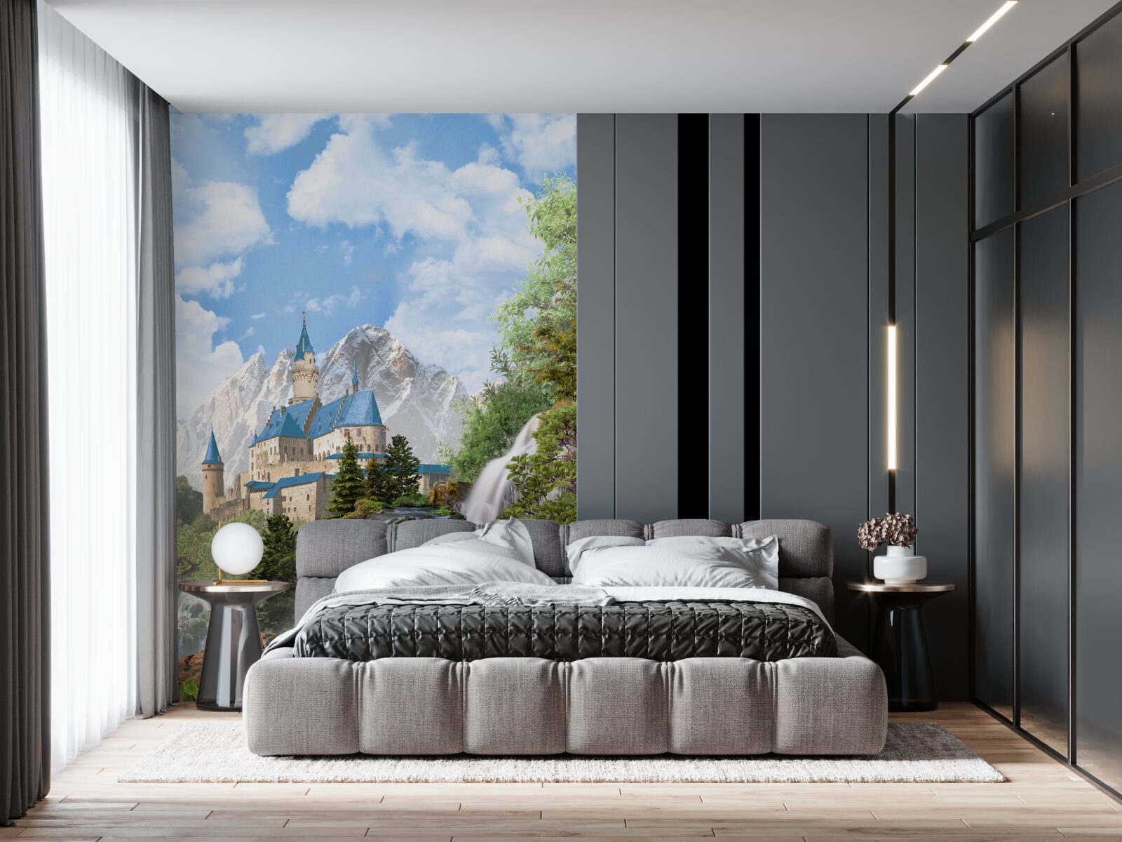 Papier peint forteresse avec en toile de fond une cascade d'eau