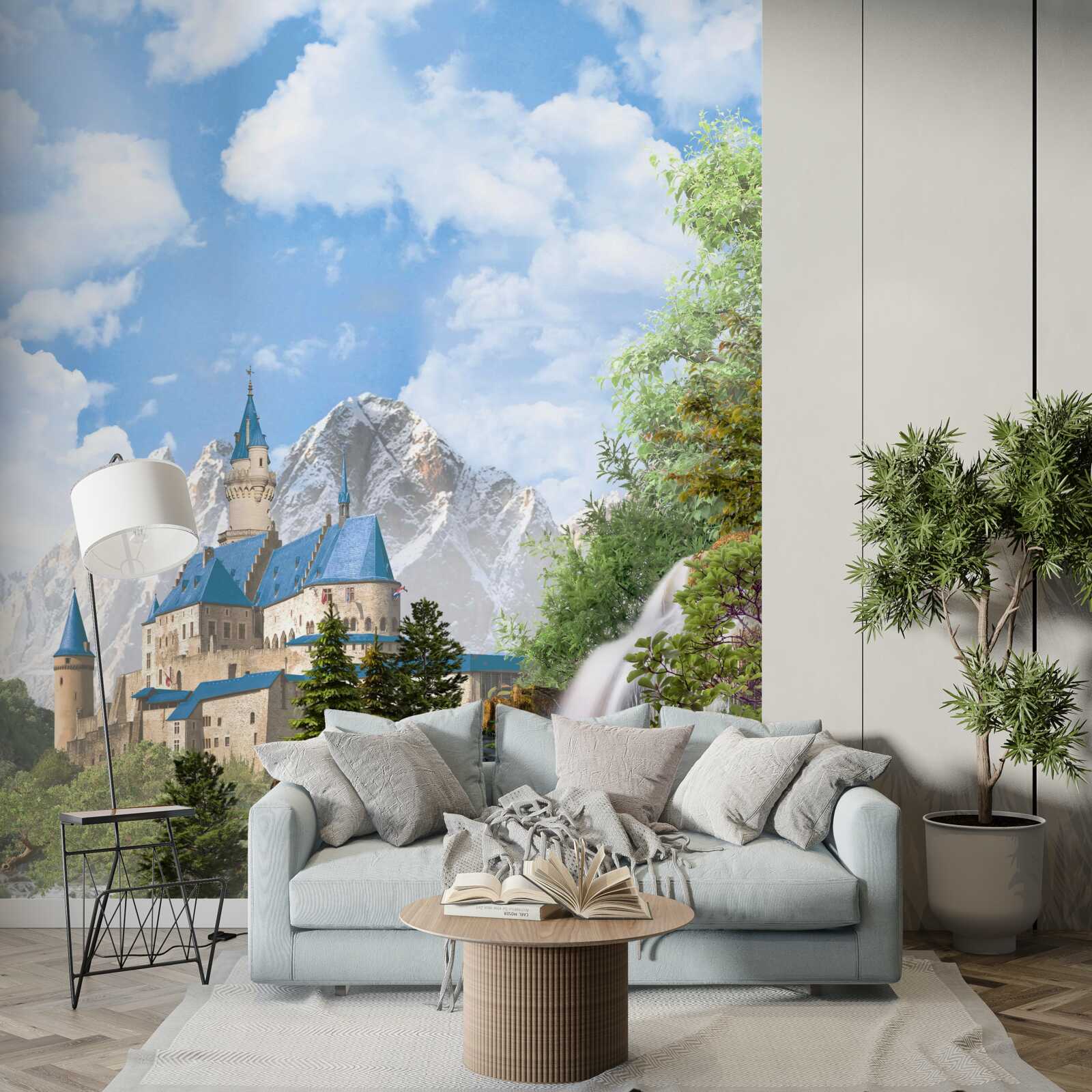 Papier peint forteresse avec en toile de fond une cascade d'eau