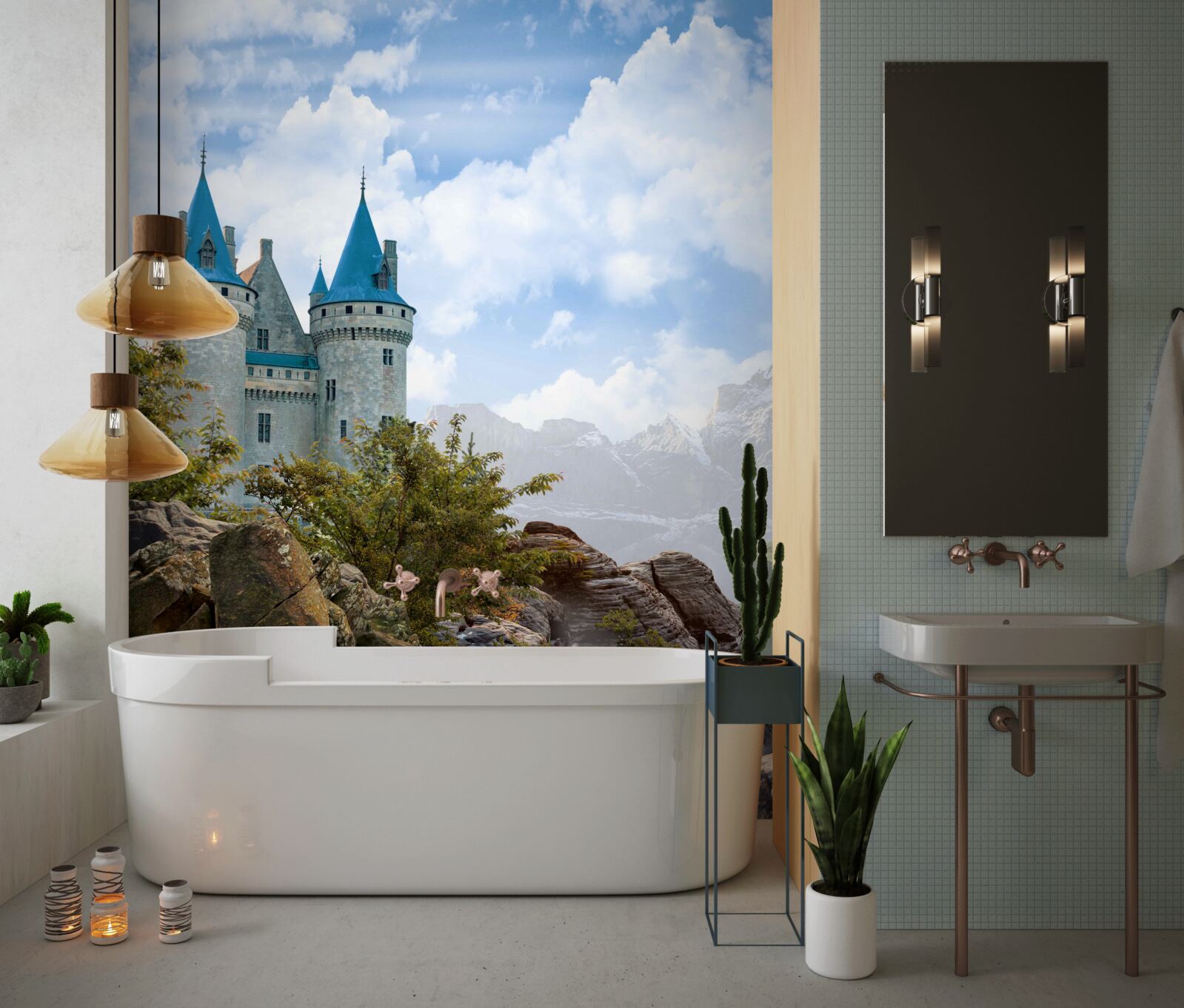 Papier peint un château de conte de fées taillé dans la roche