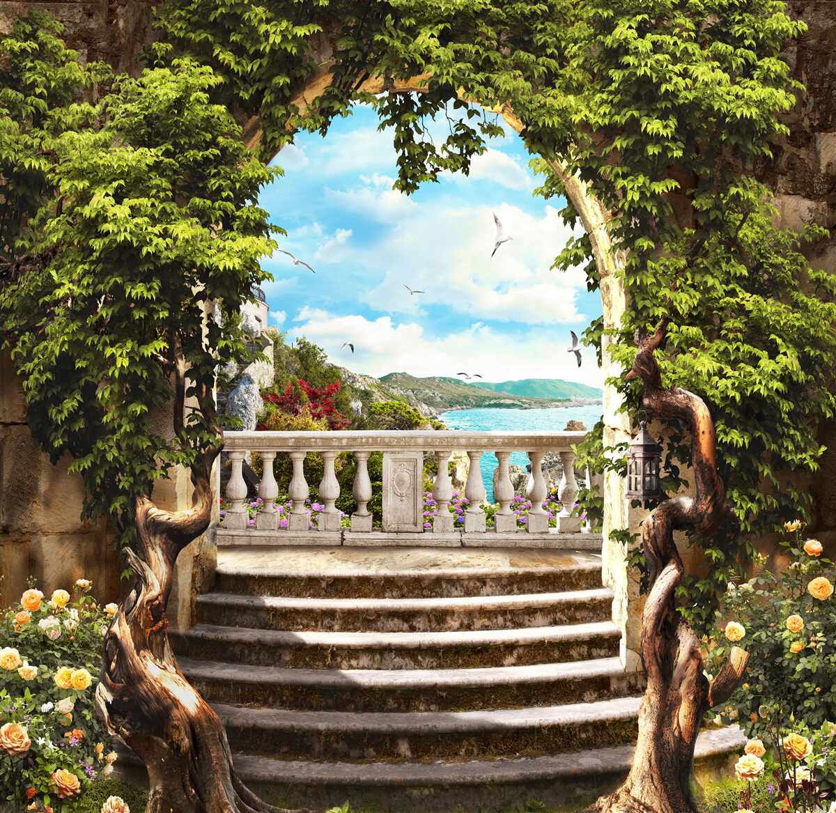 Papier peint escalier menant au balcon