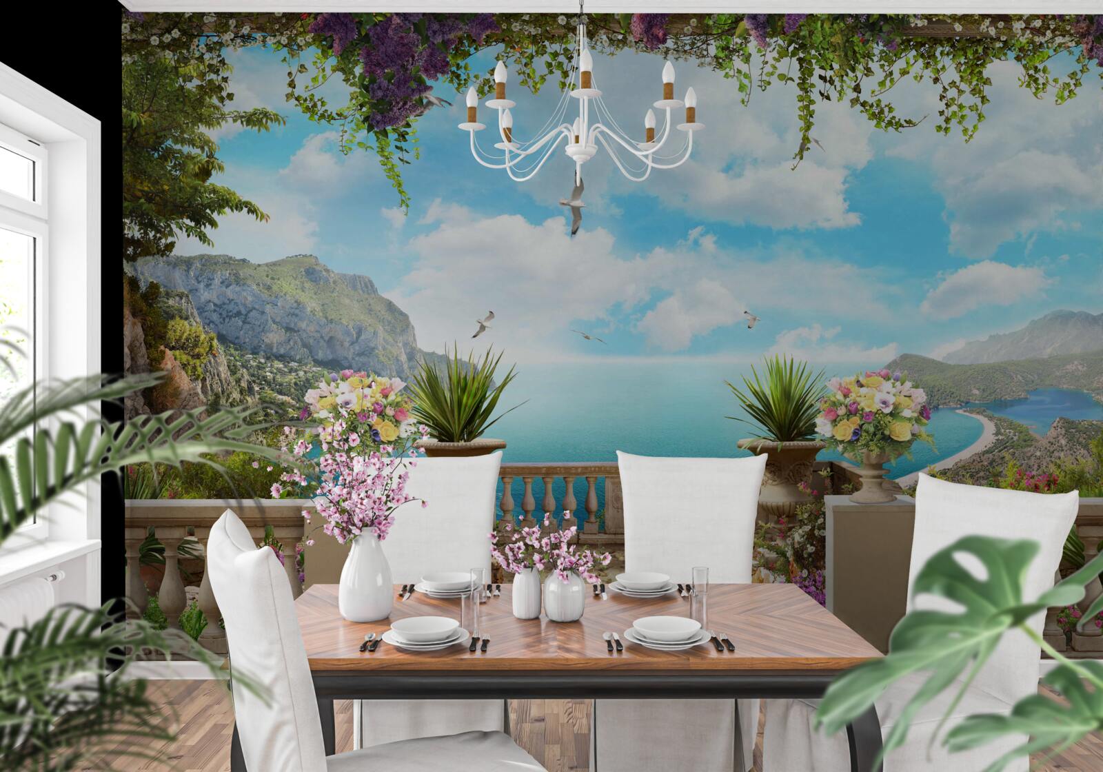 Papier peint vue panoramique sur la mer et les espaces verts depuis le balcon