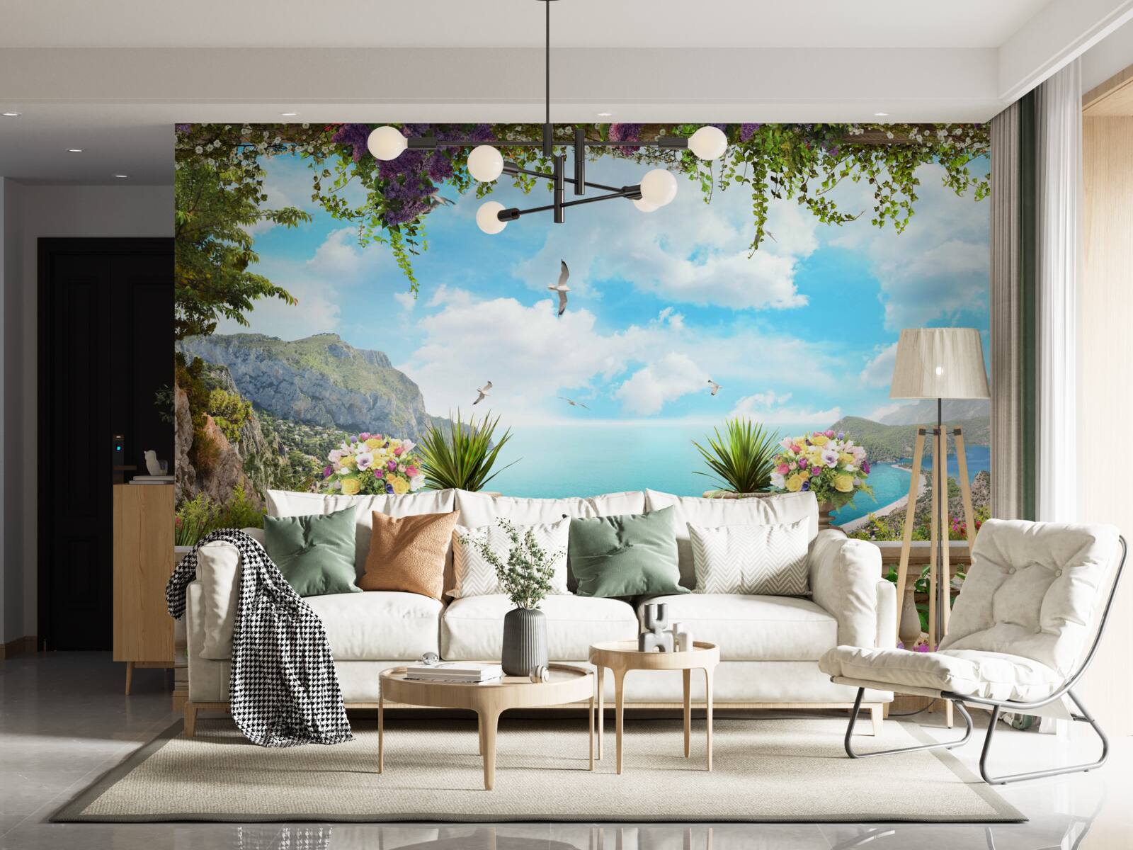 Papier peint vue panoramique sur la mer et les espaces verts depuis le balcon