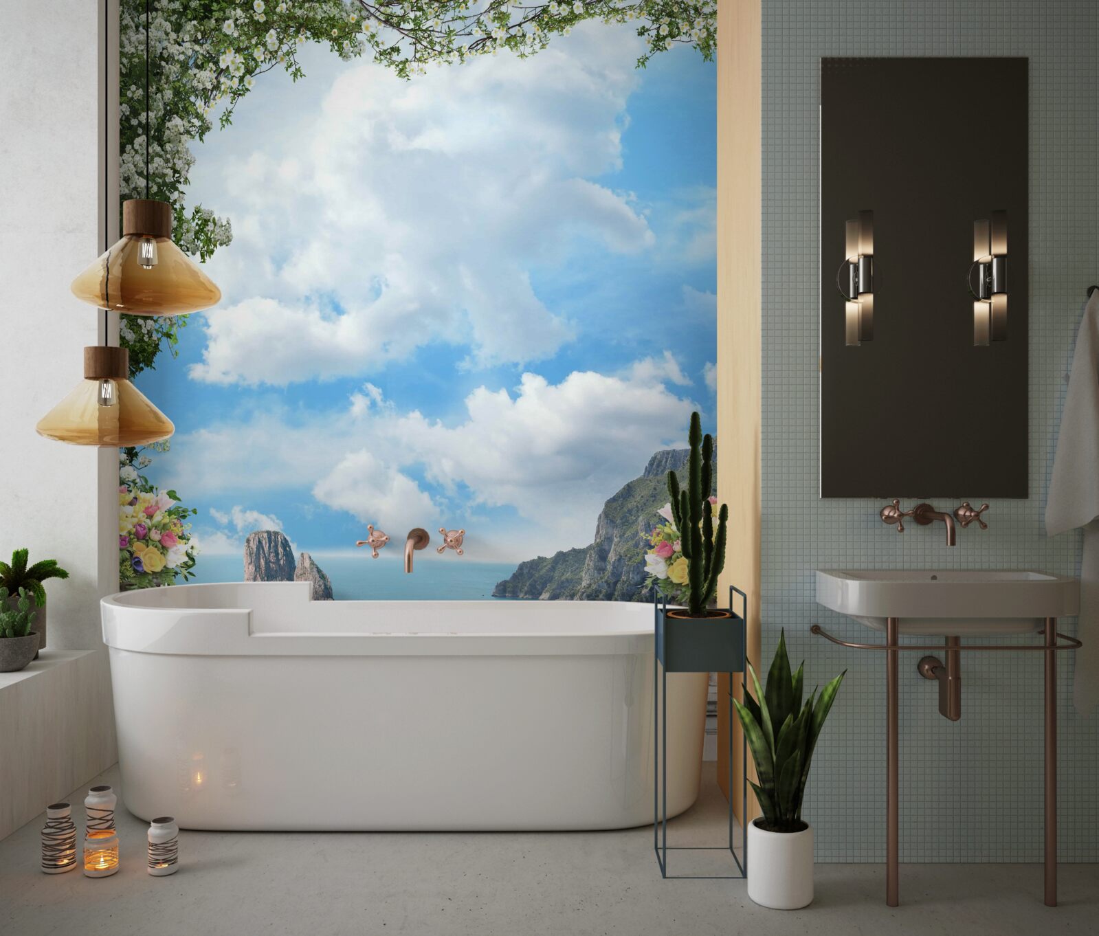 Papier peint vue panoramique sur la mer et les rochers depuis le balcon pittoresque