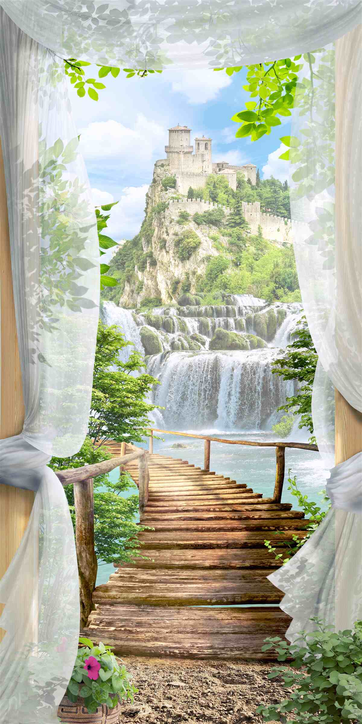 Papier peint cascade et forteresse