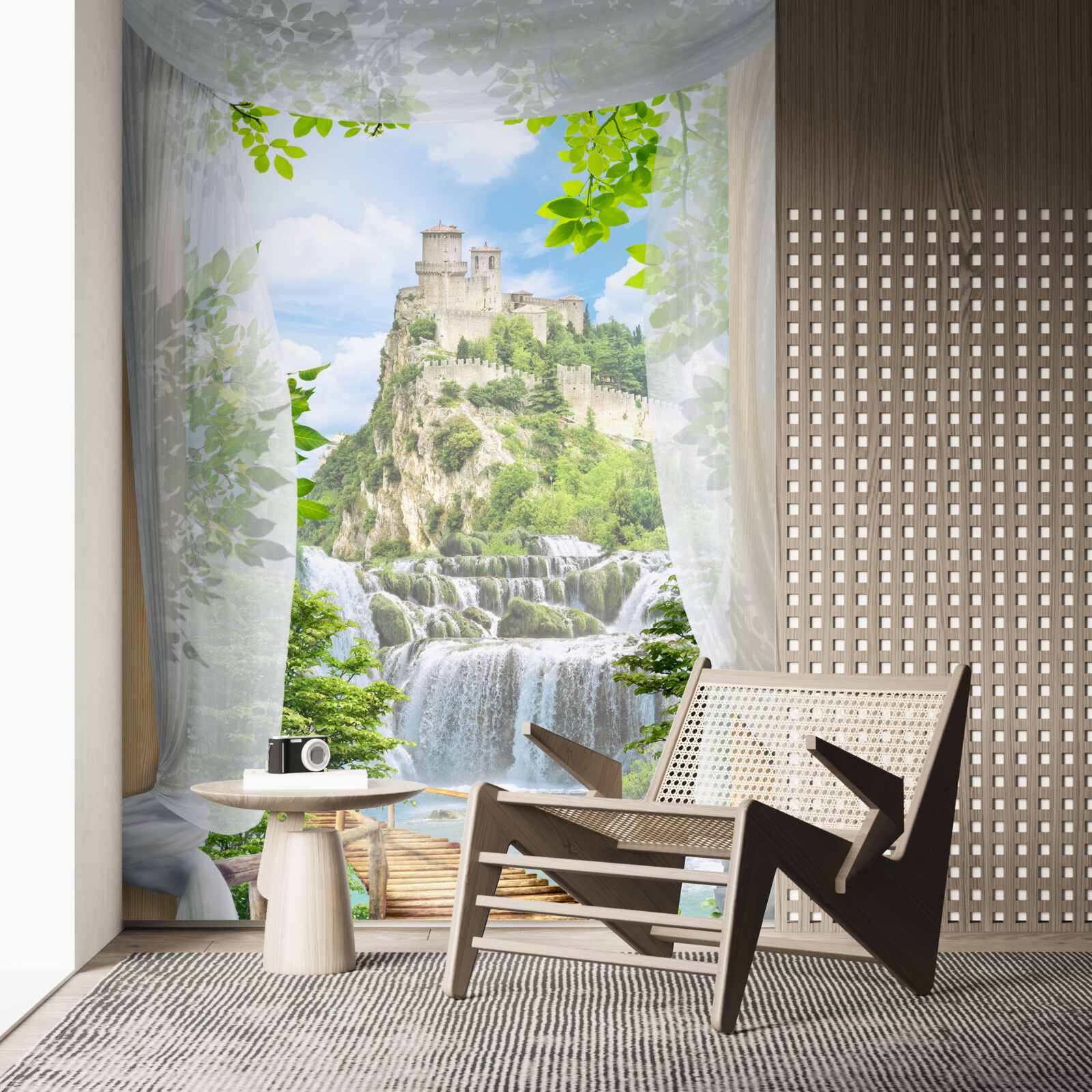 Papier peint cascade et forteresse