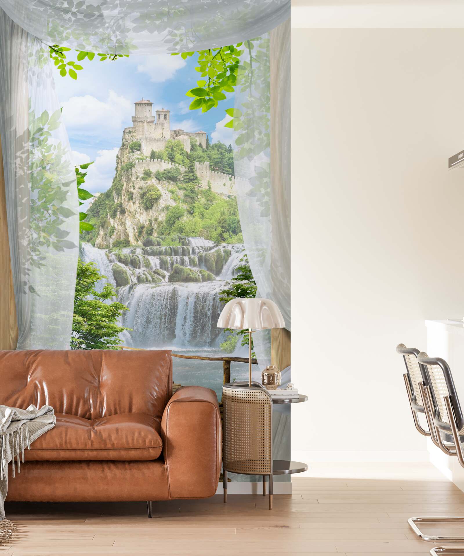 Papier peint cascade et forteresse