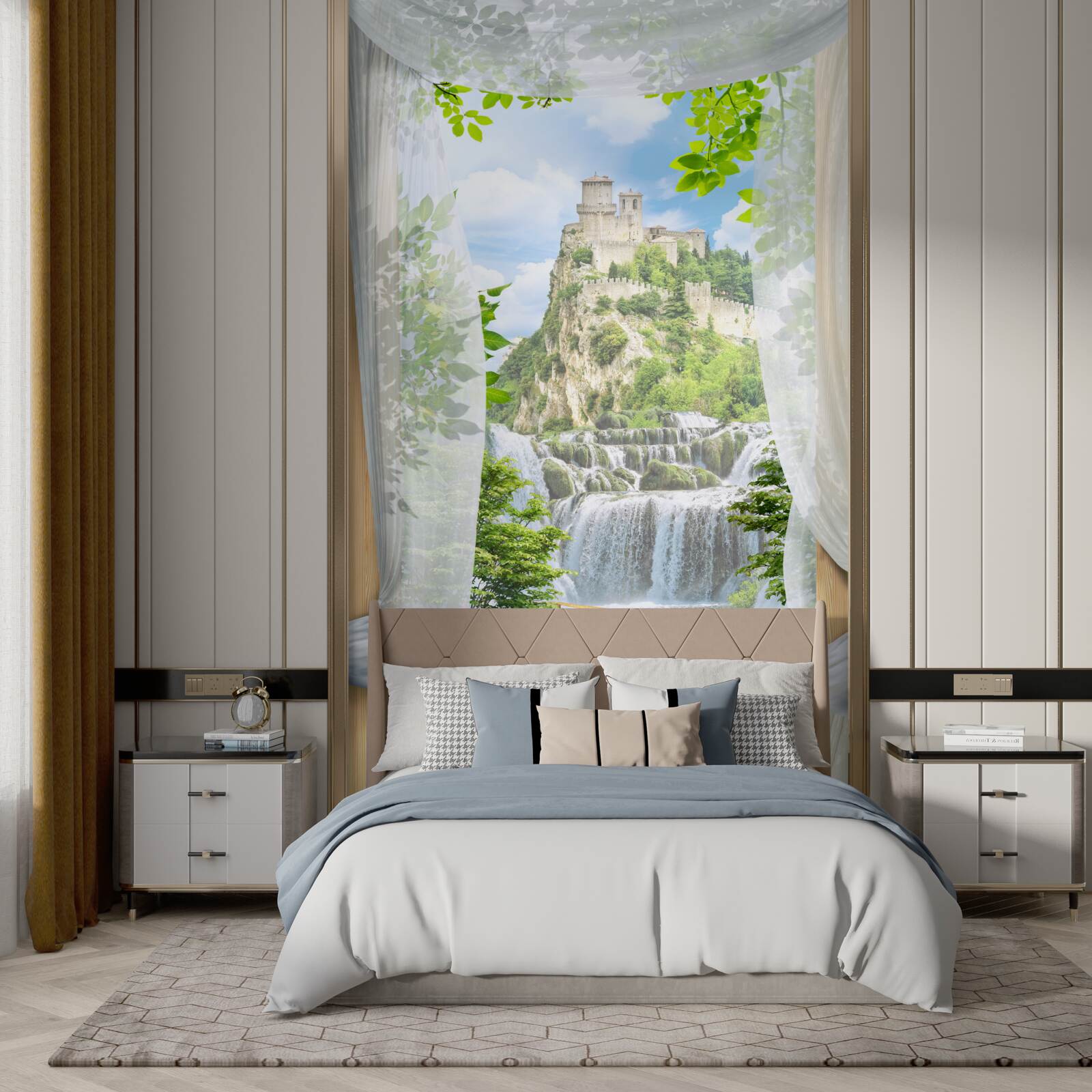 Papier peint cascade et forteresse