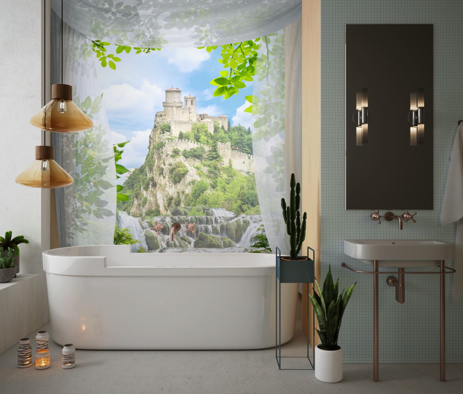 Papier peint cascade et forteresse