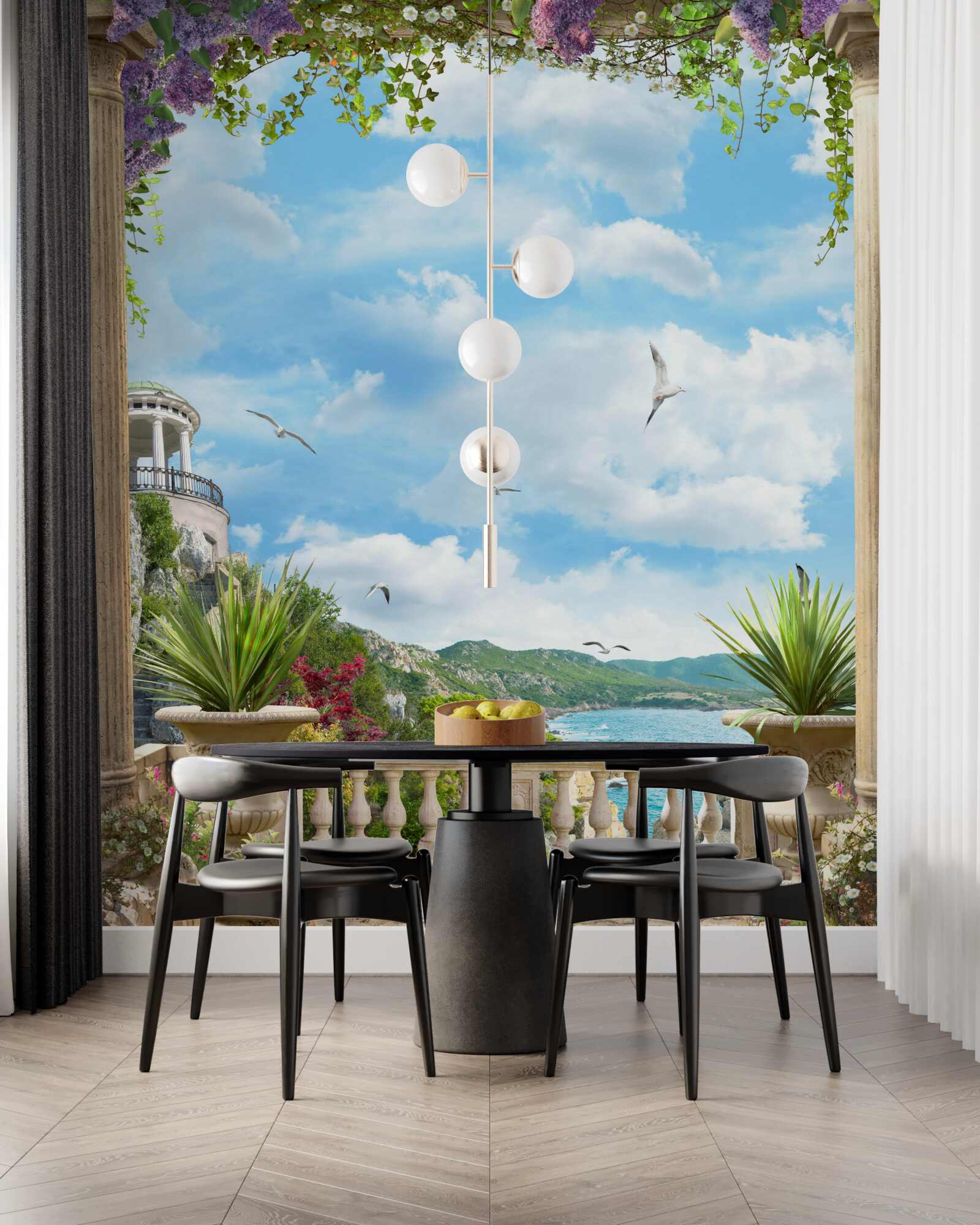 Papier peint arche de fleurs surplombant la côte de la mer