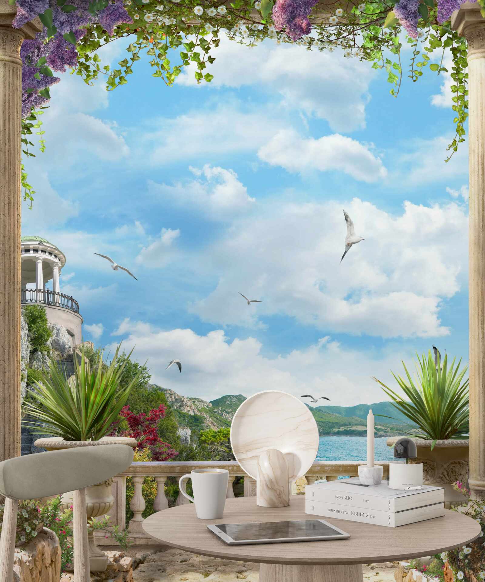 Papier peint arche de fleurs surplombant la côte de la mer