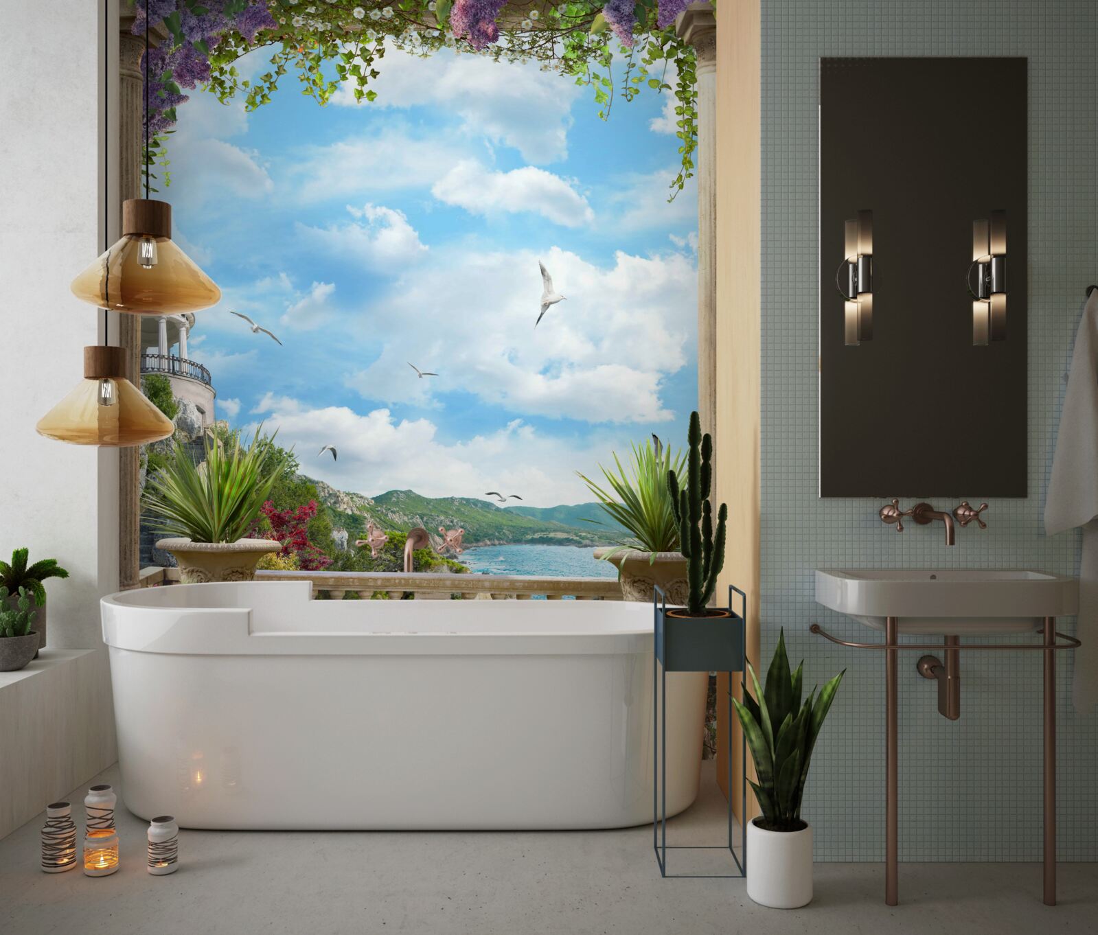 Papier peint arche de fleurs surplombant la côte de la mer