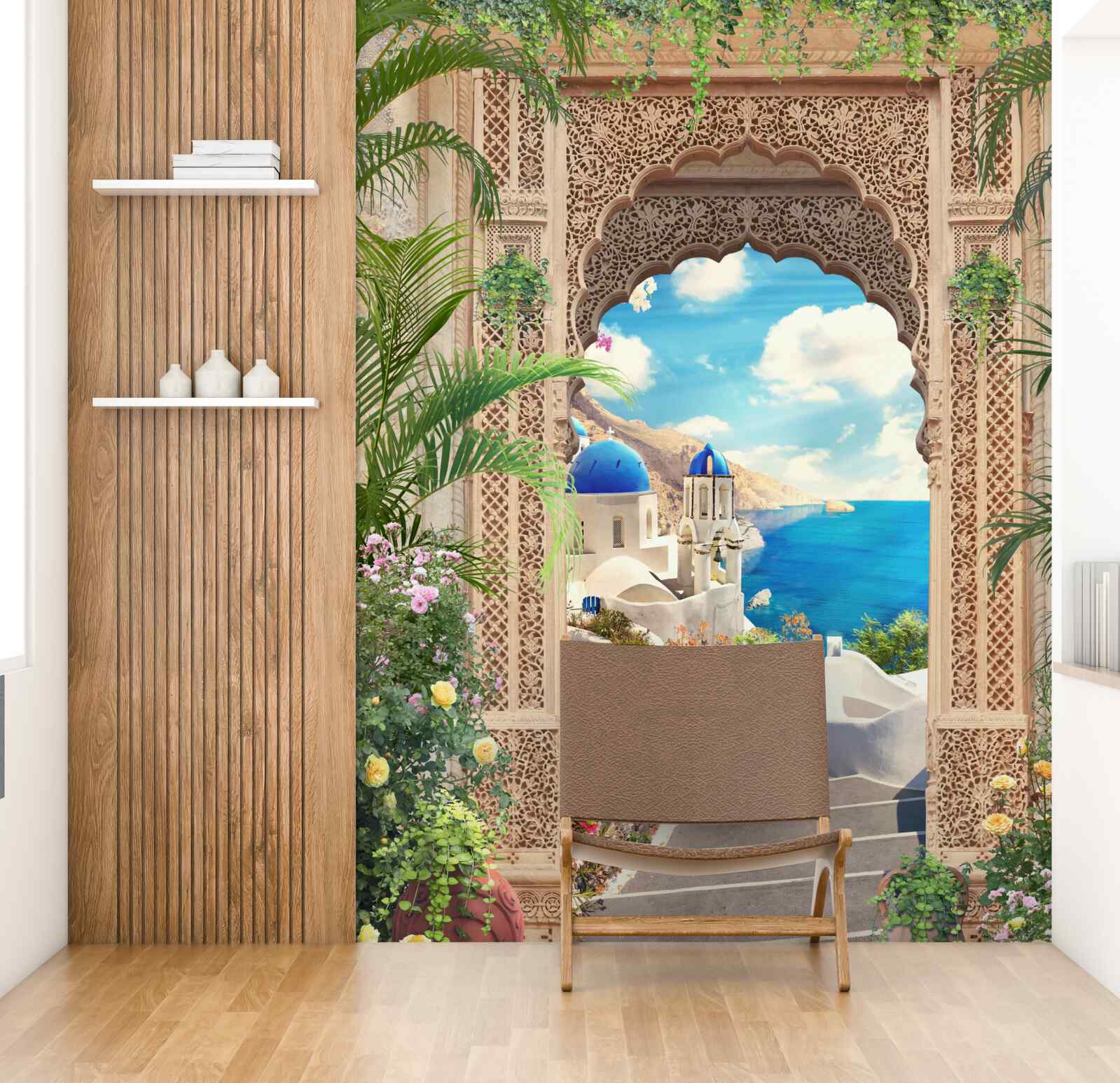 Papier peint panorama sur la mer et la ville, s'ouvrant depuis l'arche